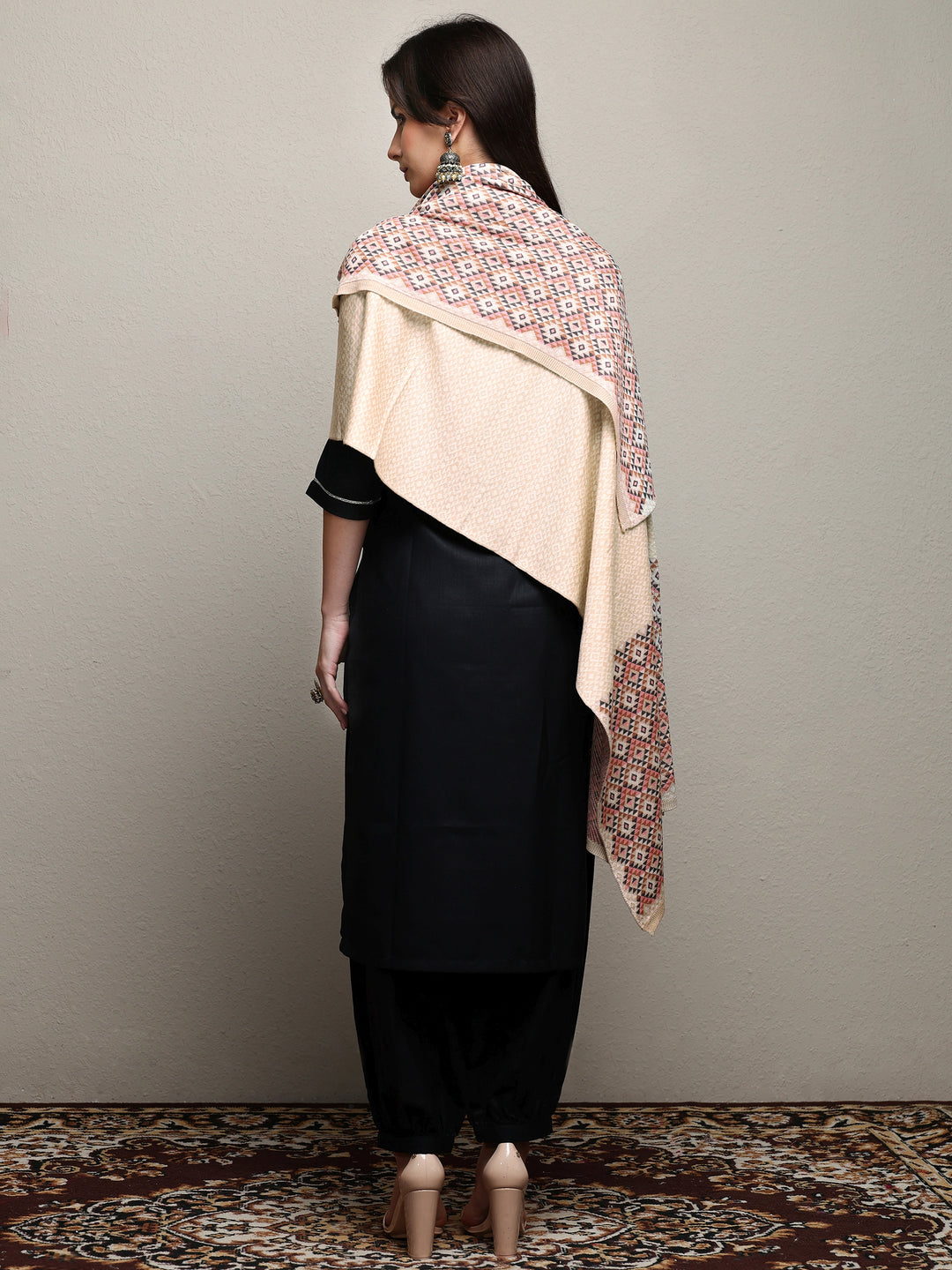  Beige Woven Design Wool Women'S Shawl 