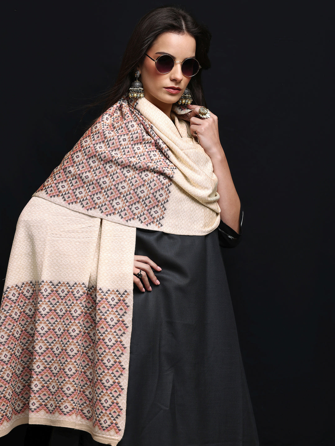  Beige Woven Design Wool Women'S Shawl 
