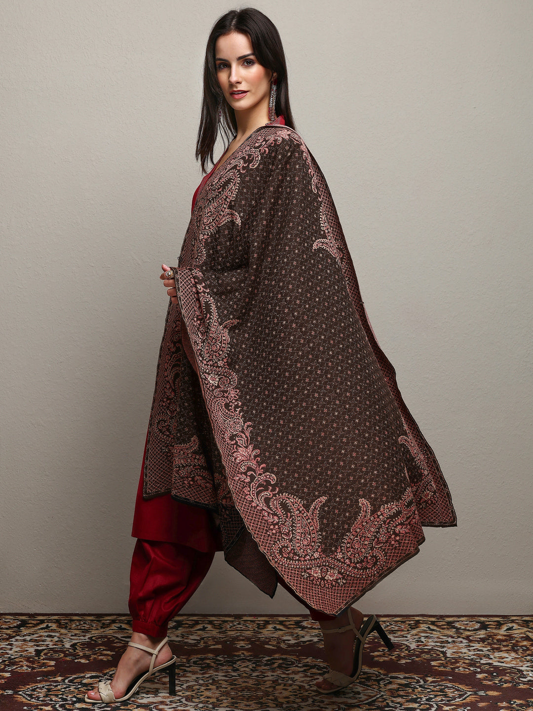  Black Woven Design Wool Wrap Shawl  