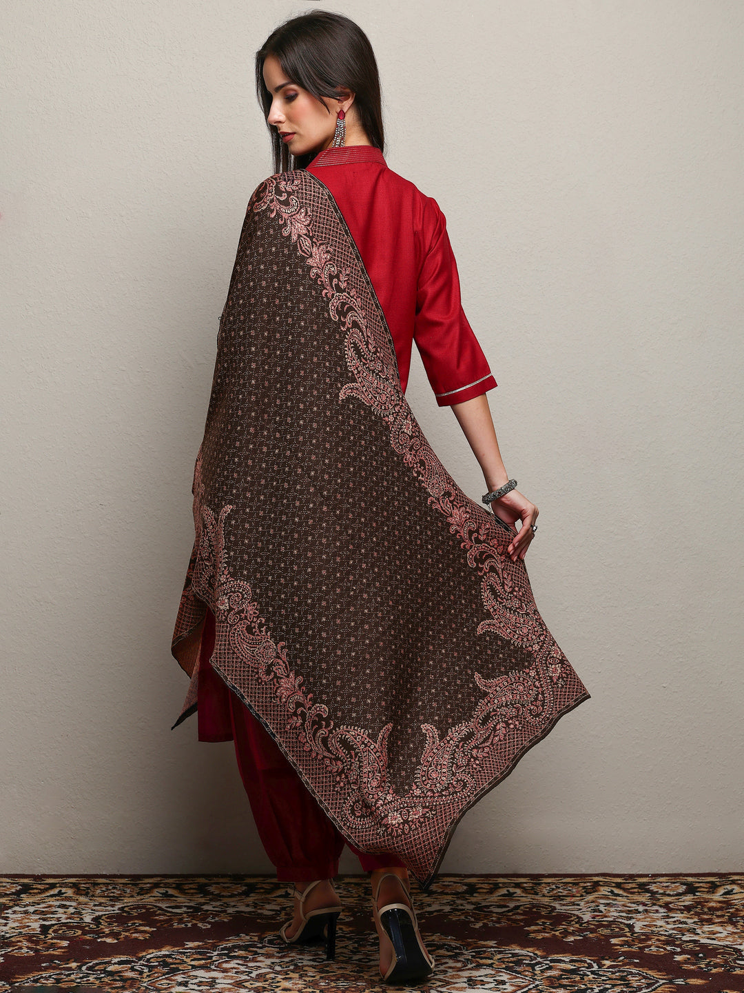  Black Woven Design Wool Wrap Shawl  