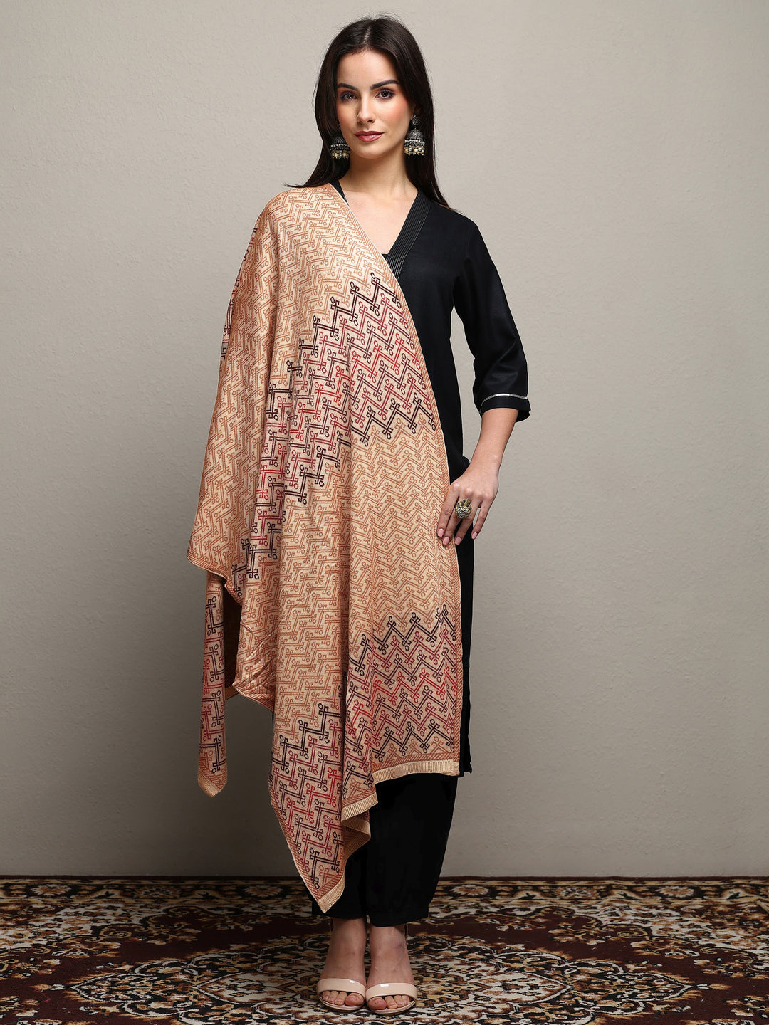  Beige Woven Design Wool Women'S Shawl 