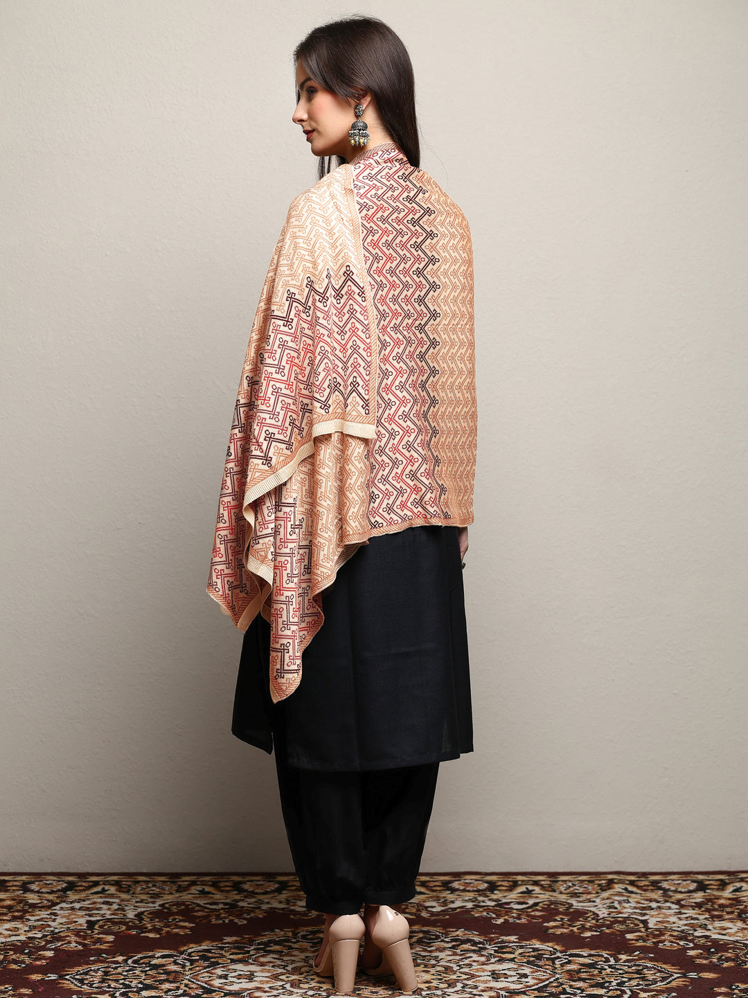  Beige Woven Design Wool Women'S Shawl 