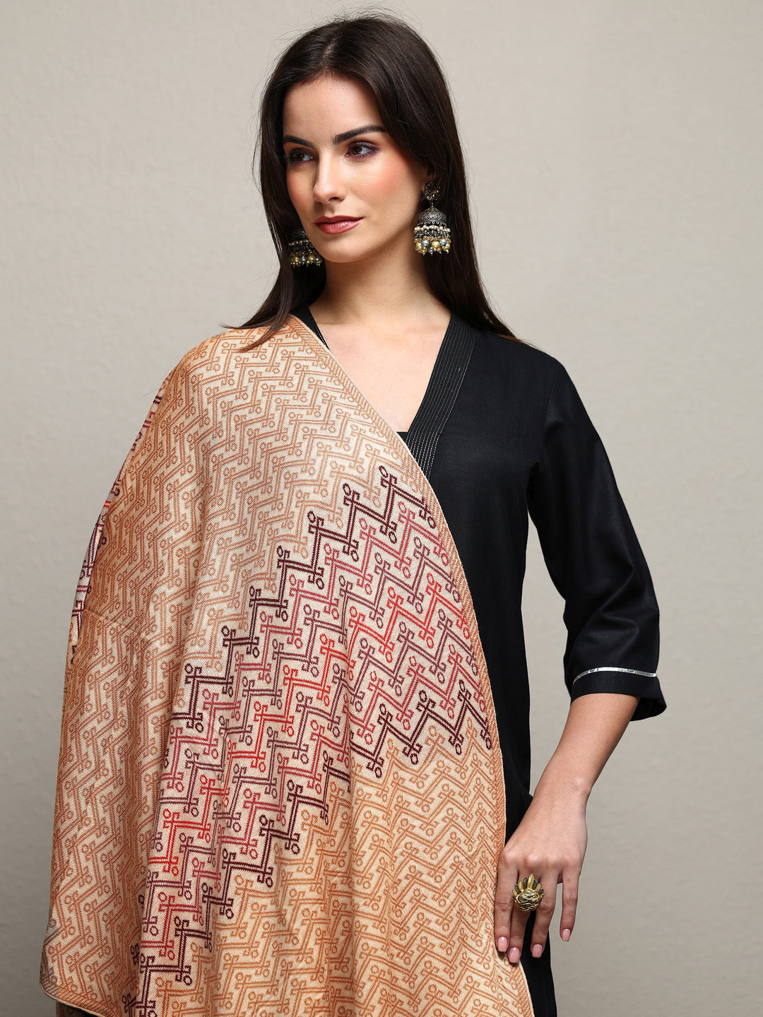  Beige Woven Design Wool Women'S Shawl 