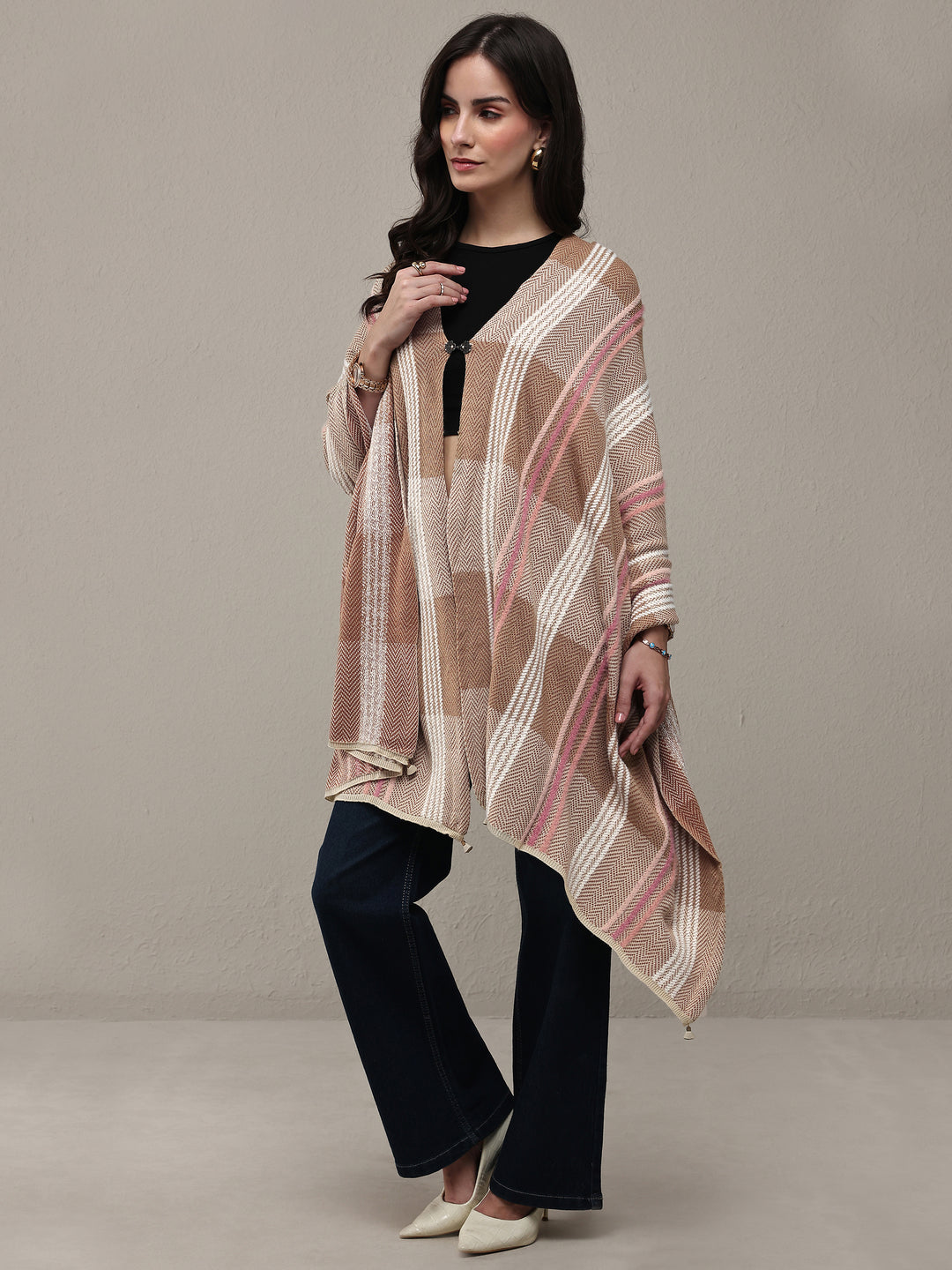 Brown Woven Design Wool Wrap Shawl 