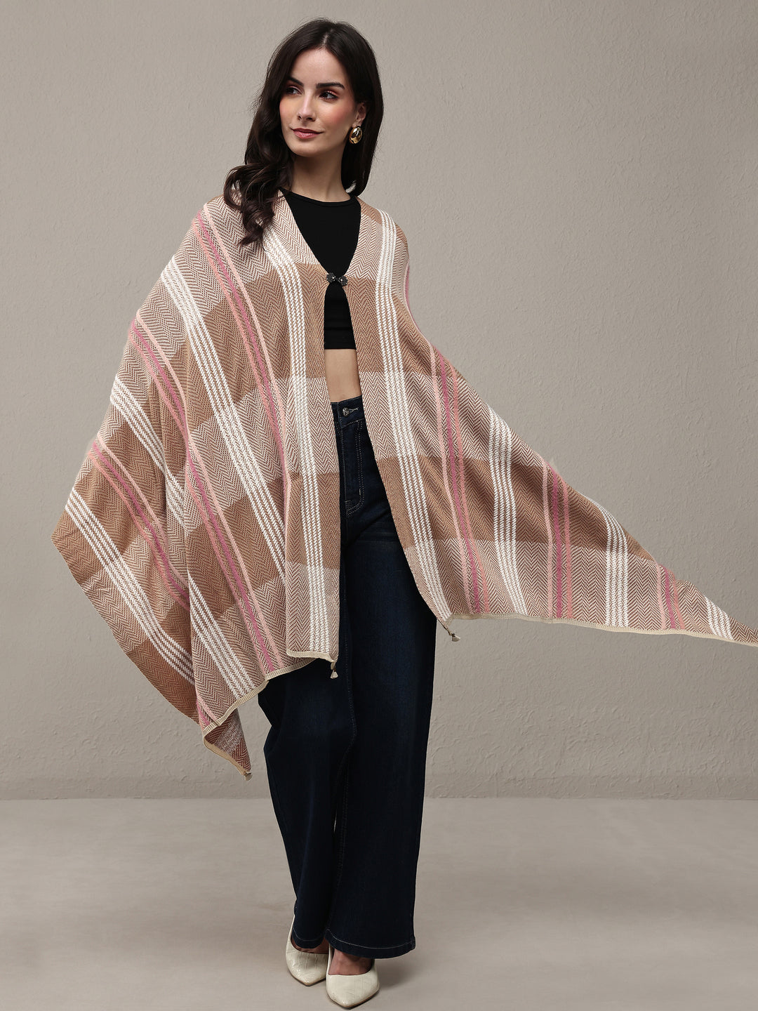  Brown Woven Design Wool Wrap Shawl  