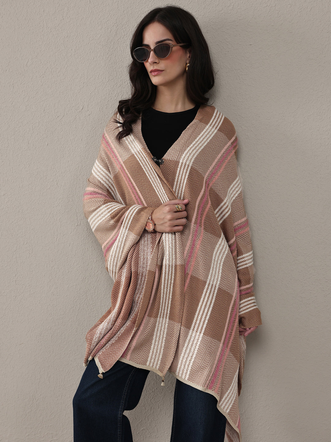  Brown Woven Design Wool Wrap Shawl  