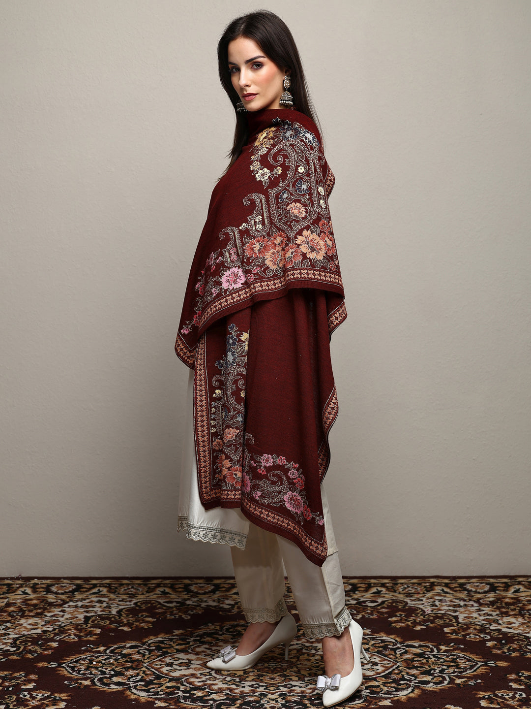  Maroon Woven Design Wool Wrap Shawl  