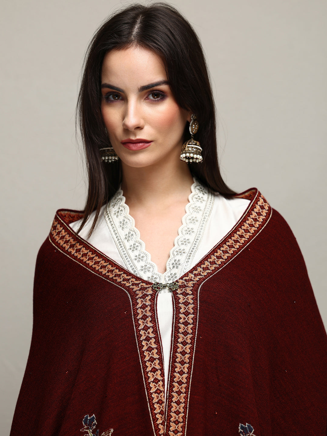  Maroon Woven Design Wool Wrap Shawl  