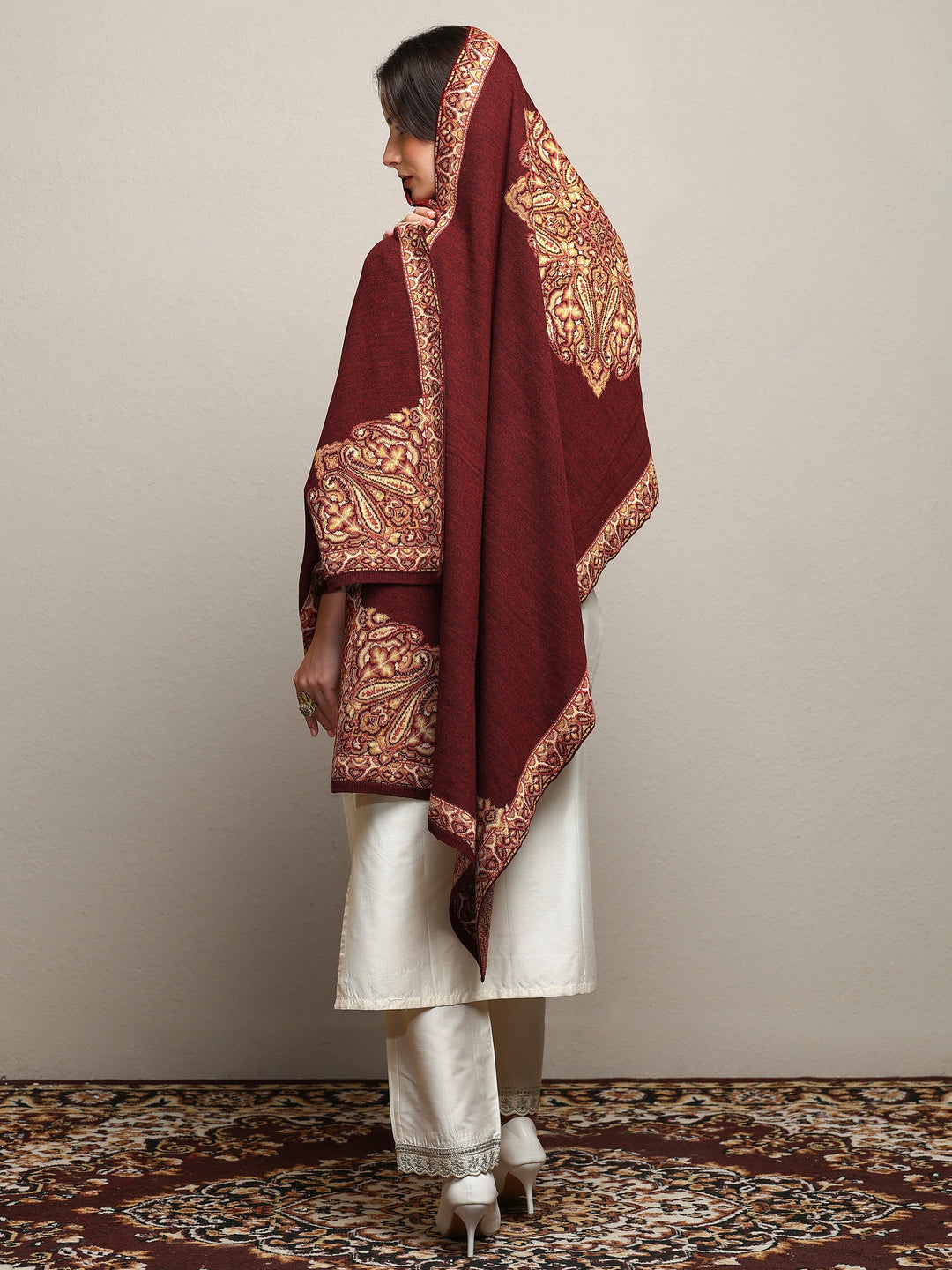  Maroon Woven Design Wool Wrap Shawl  