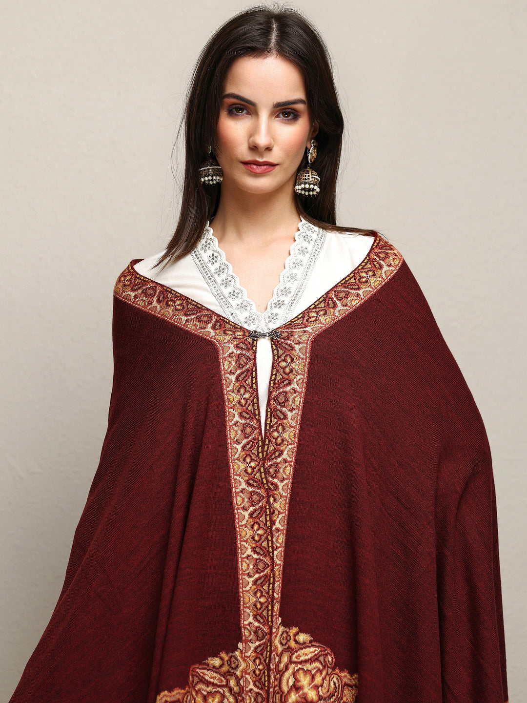  Maroon Woven Design Wool Wrap Shawl  