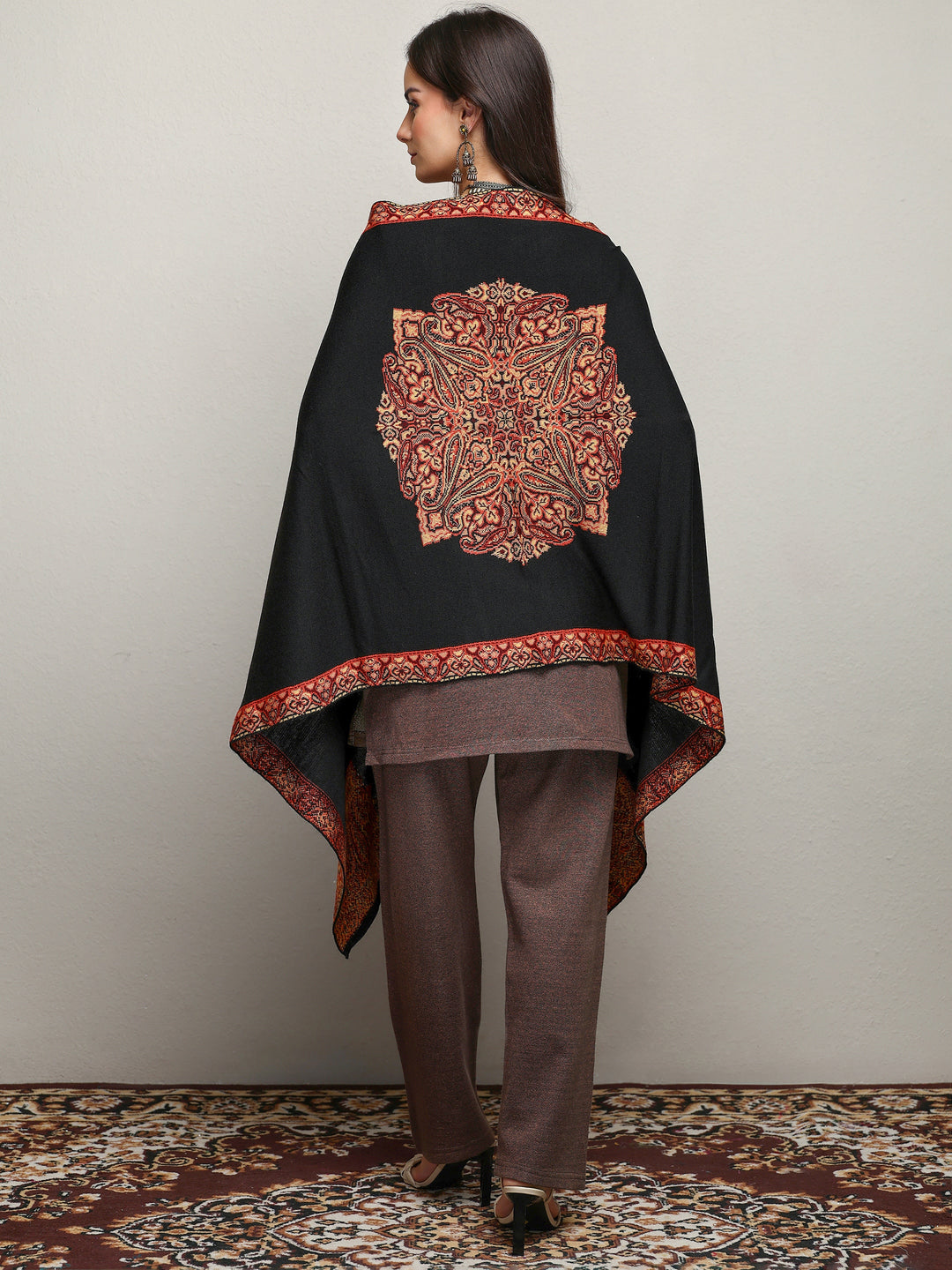  Black Woven Design Wool Wrap Shawl  