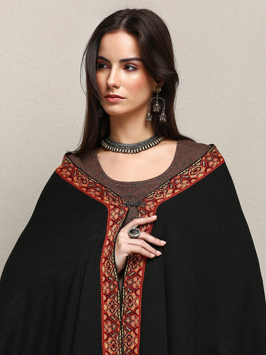  Black Woven Design Wool Wrap Shawl  