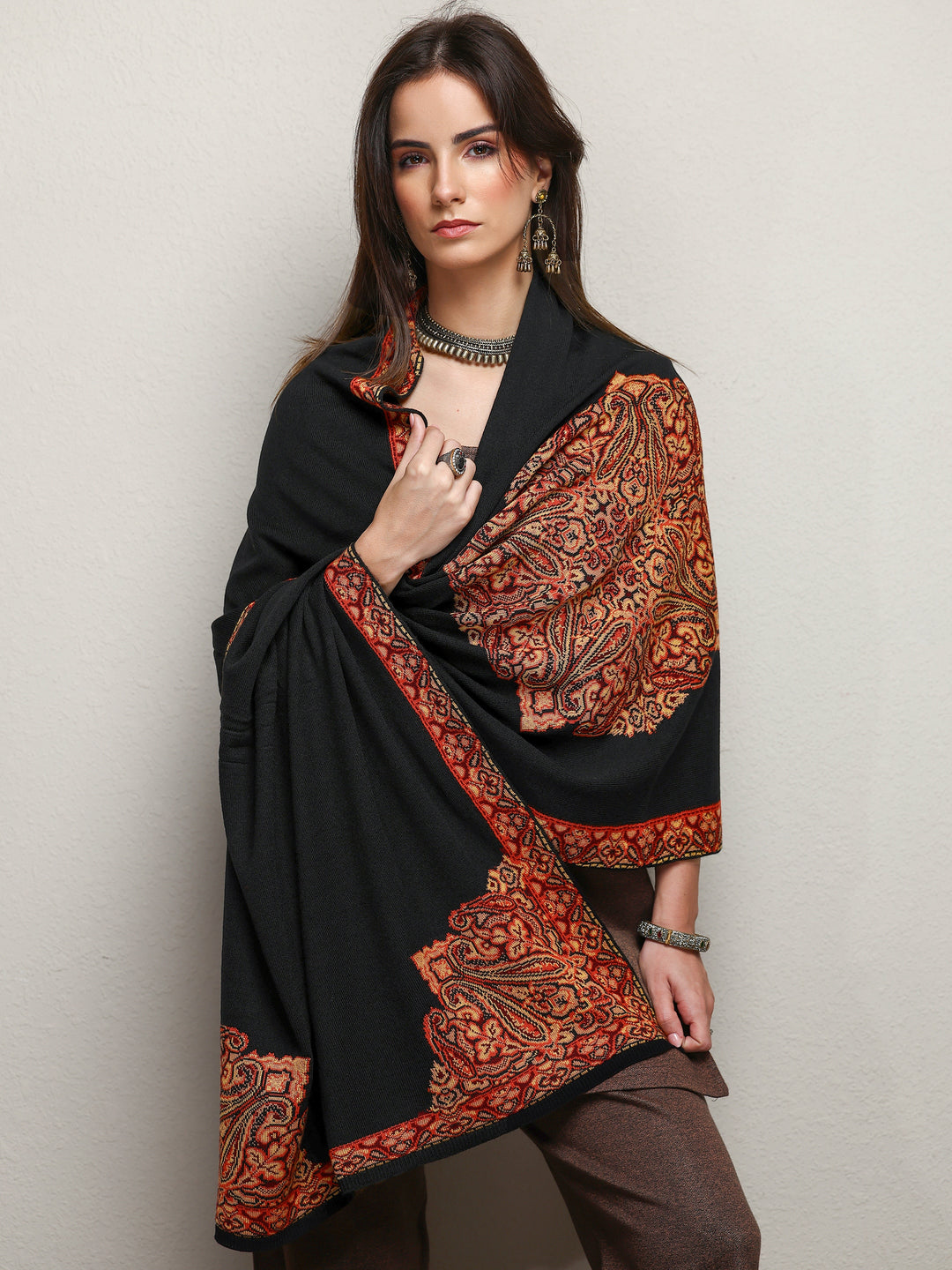  Black Woven Design Wool Wrap Shawl  