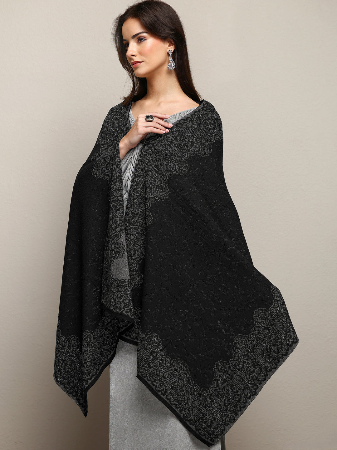  Black Woven Design Wool Wrap Shawl  