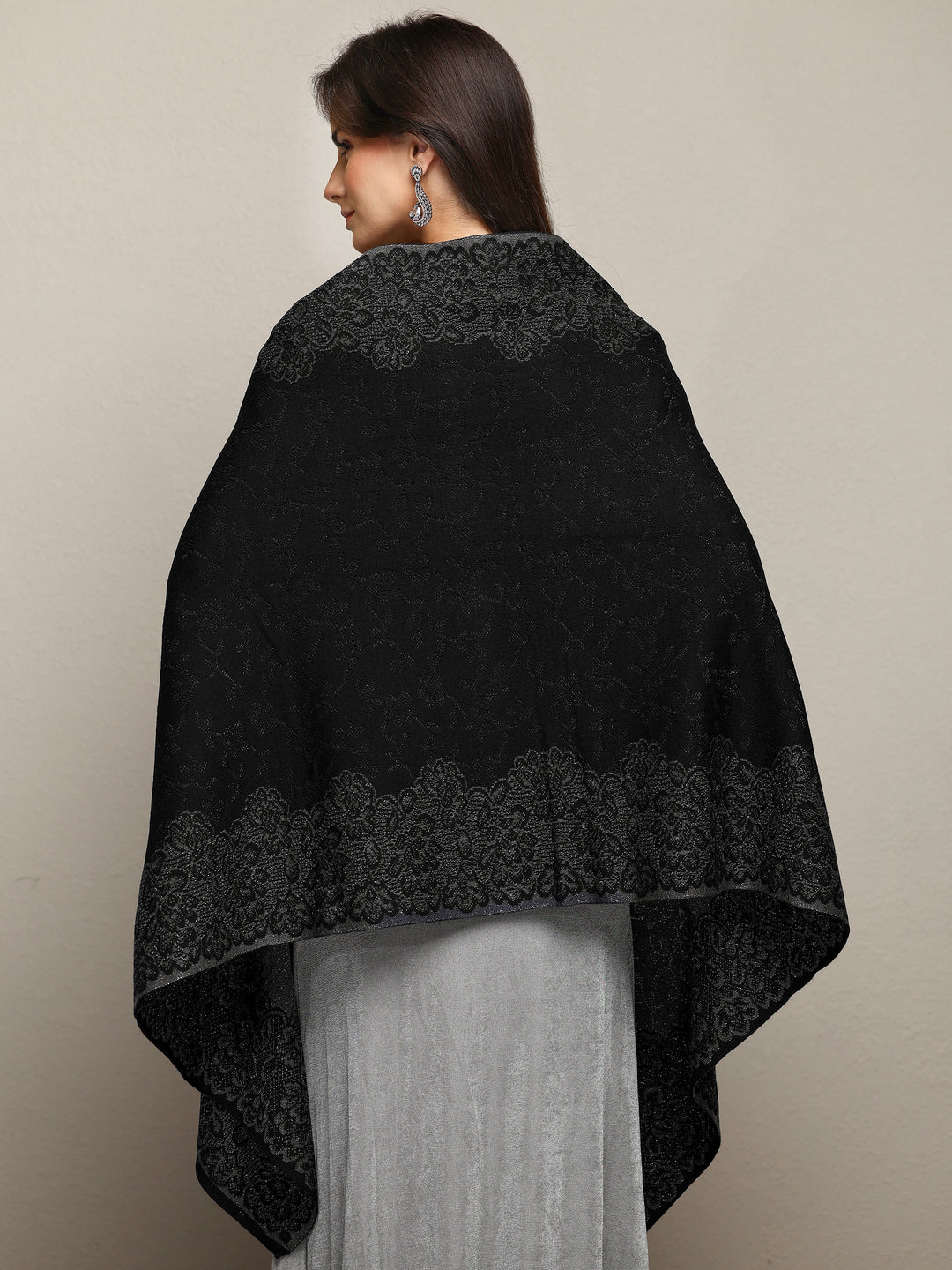  Black Woven Design Wool Wrap Shawl  