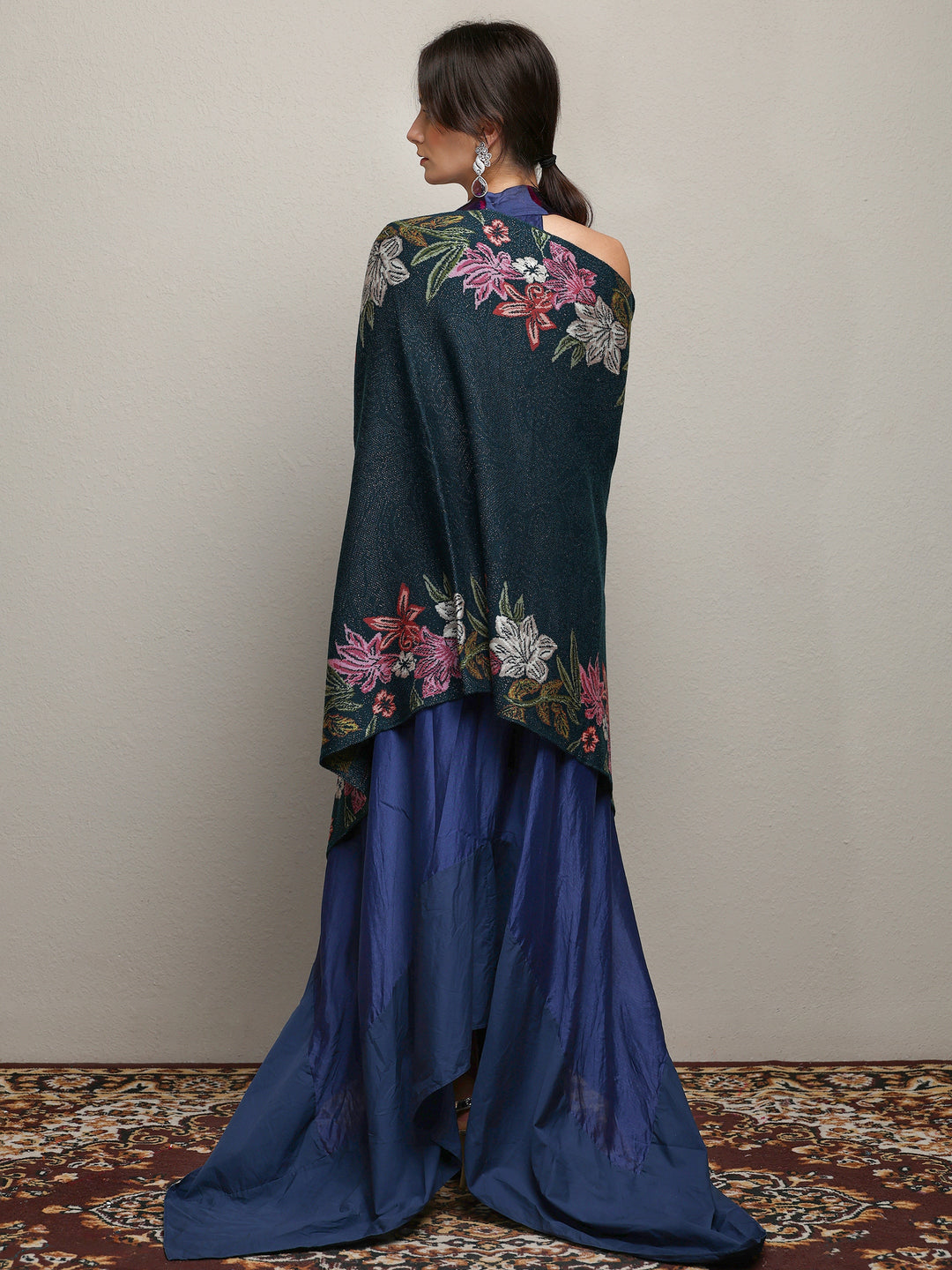  Teal Woven Design Wool Wrap Shawl  