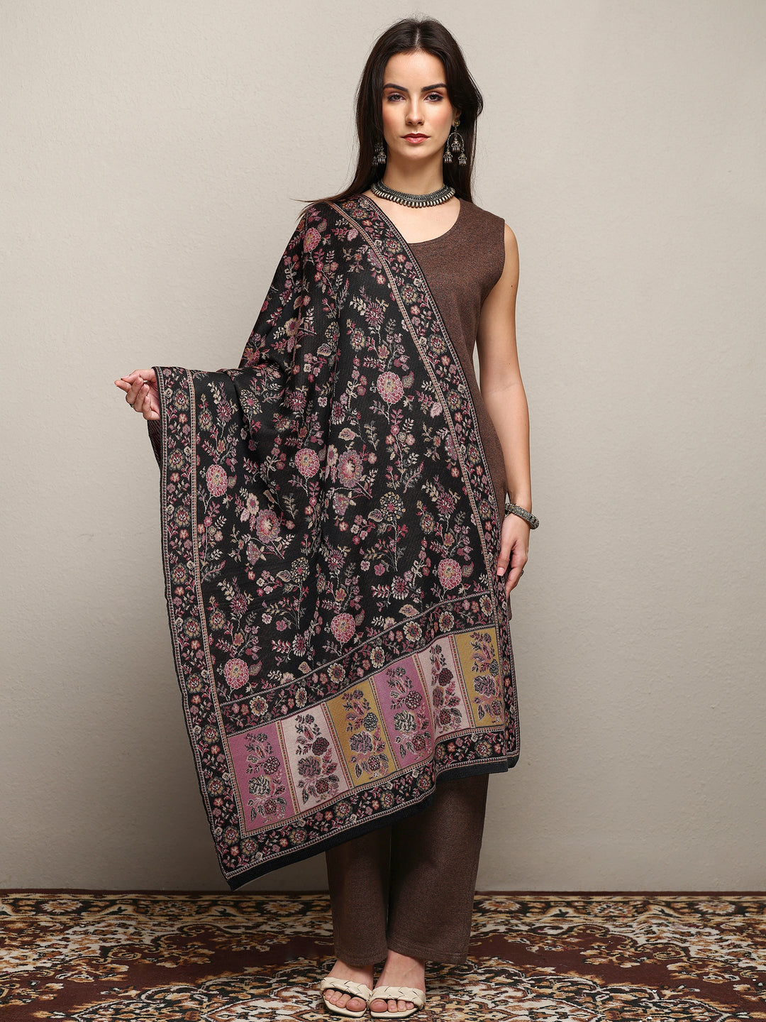  Black Woven Design Wool Women'S Shawl 