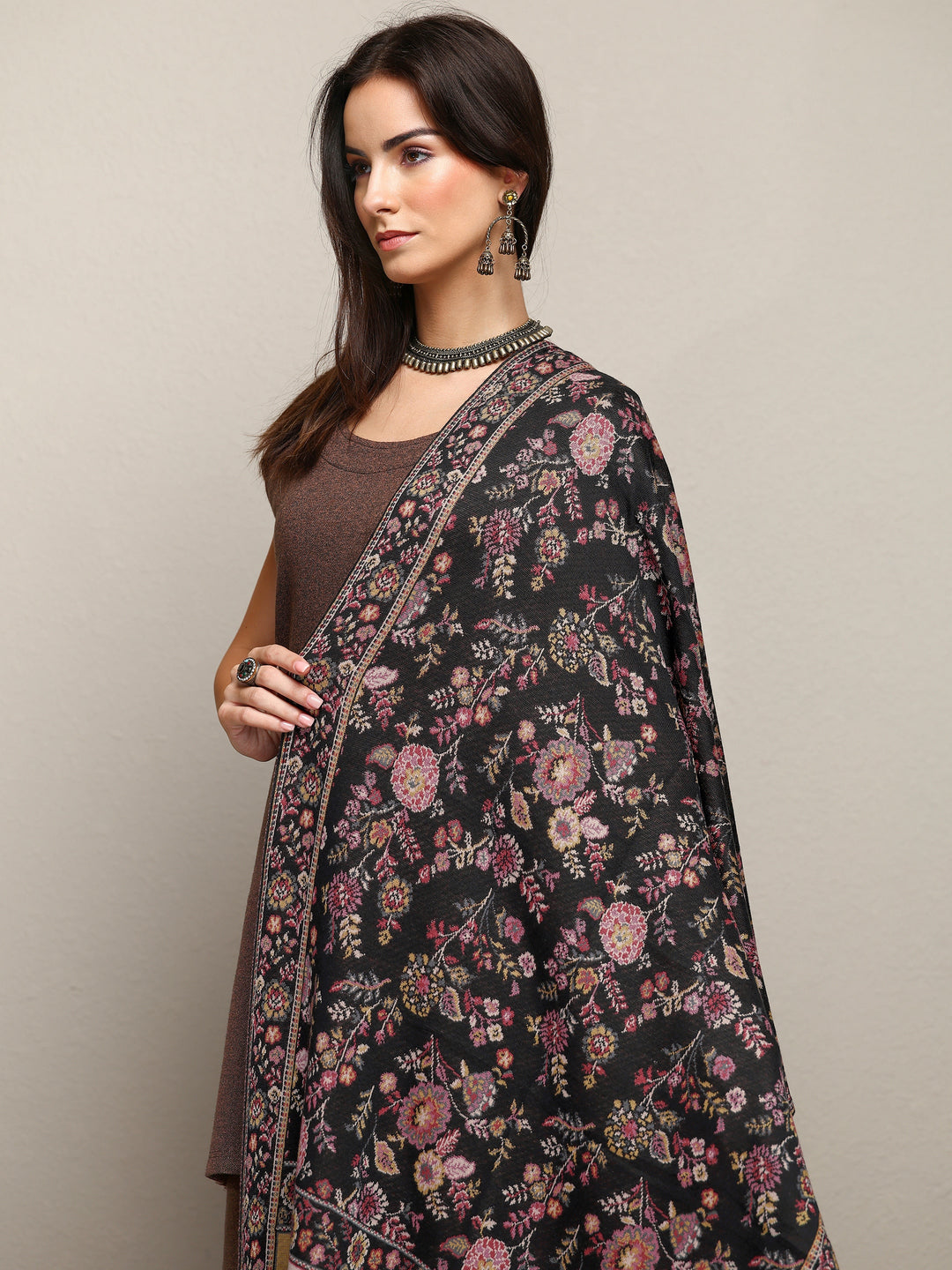  Black Woven Design Wool Women'S Shawl 