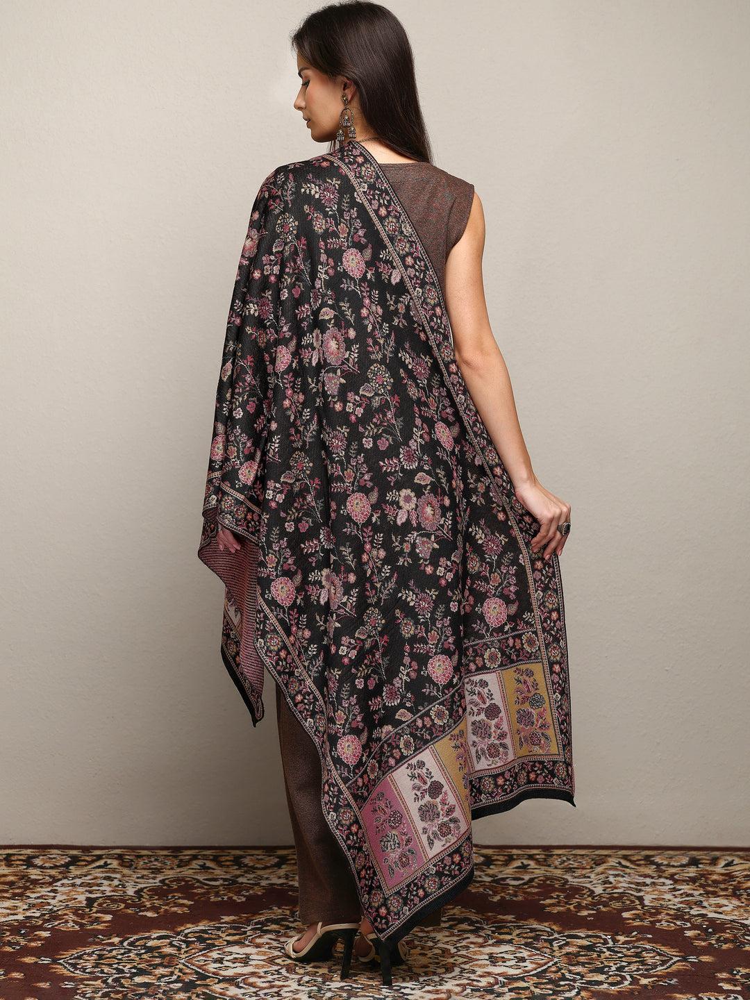  Black Woven Design Wool Women'S Shawl 