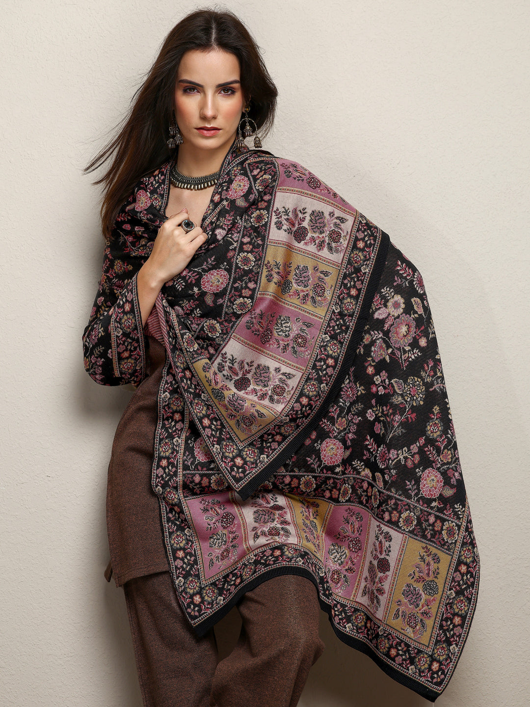  Black Woven Design Wool Women'S Shawl 