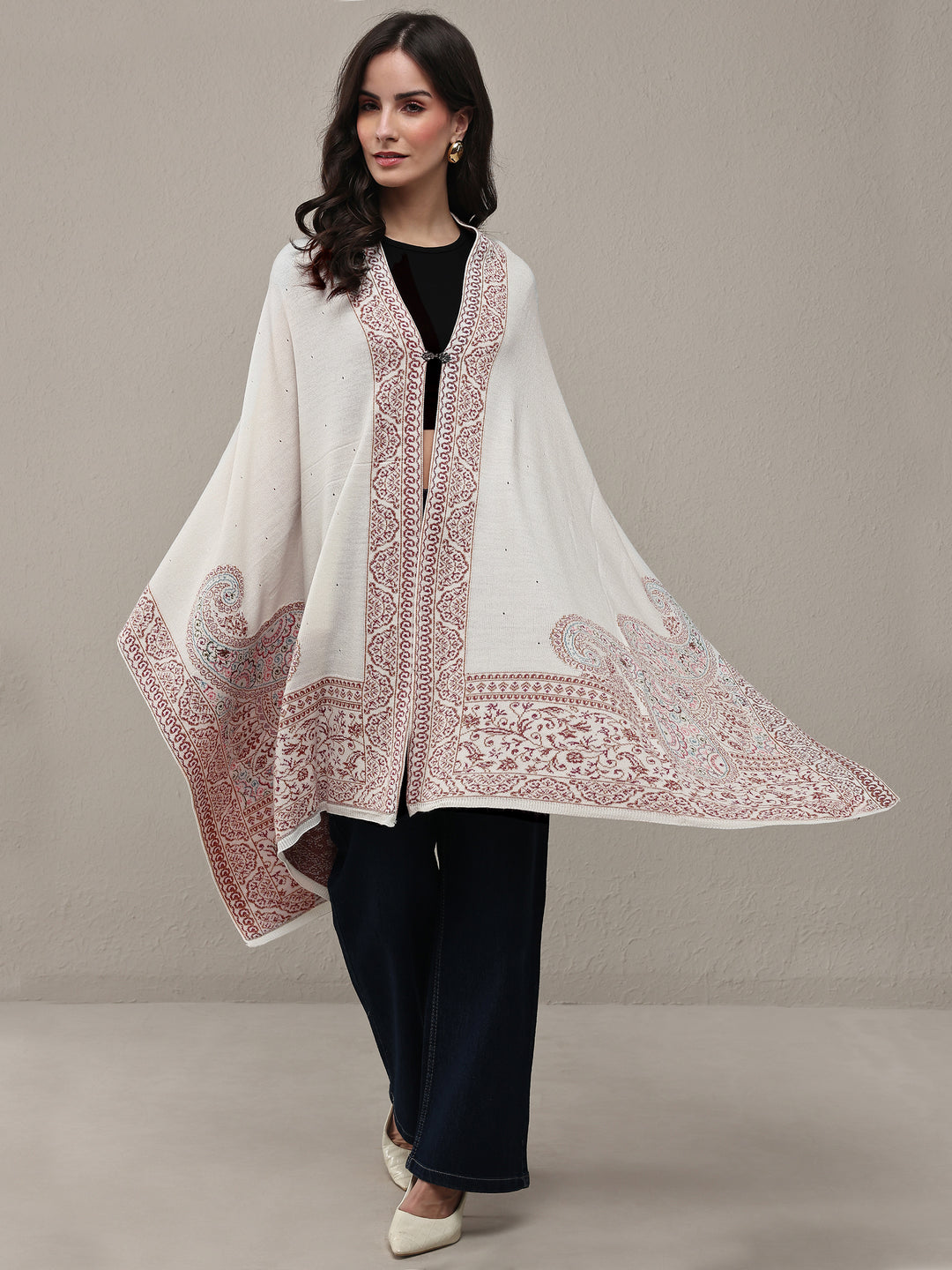  White Woven Design Wool Wrap Shawl 