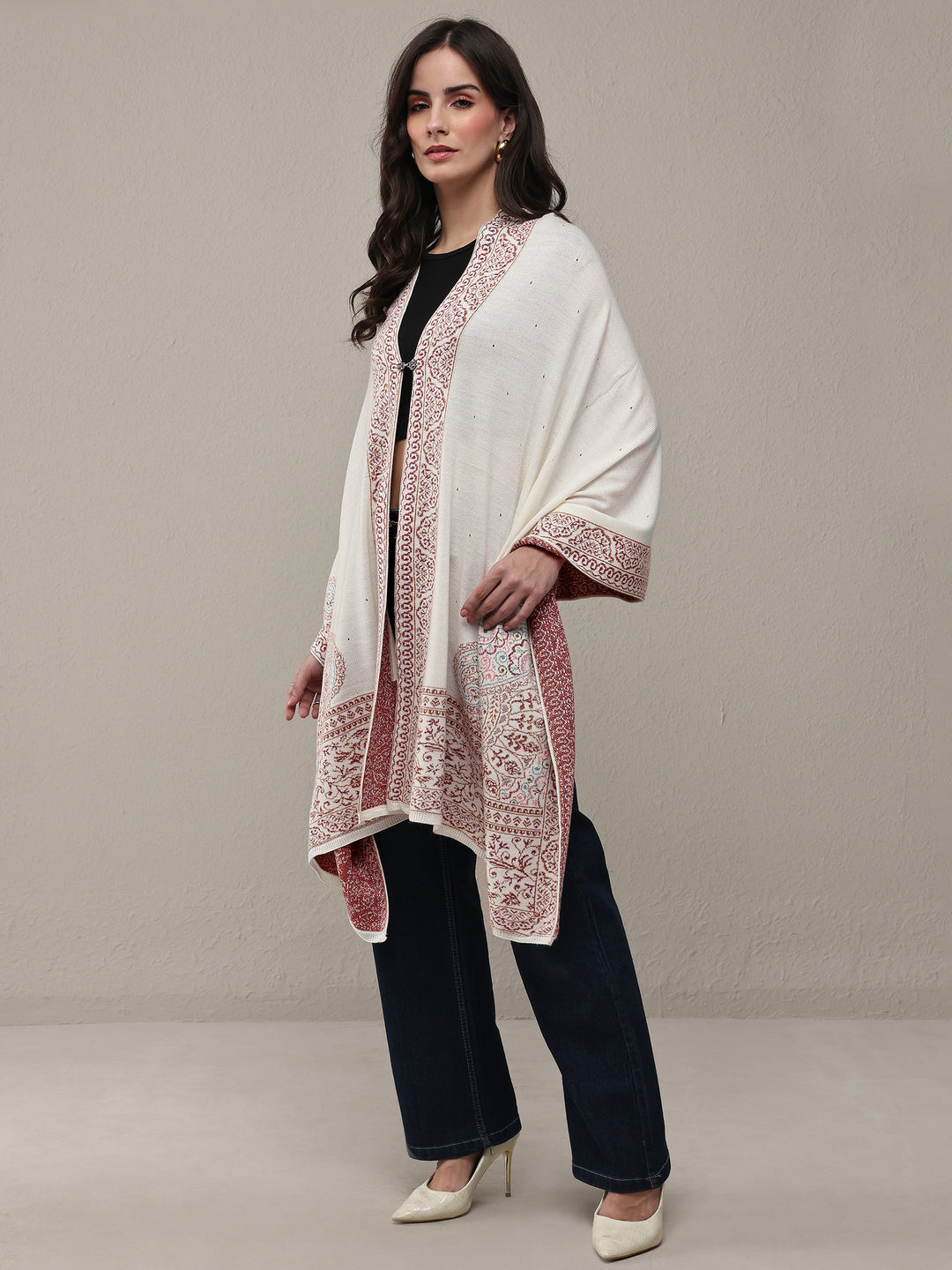  White Woven Design Wool Wrap Shawl 
