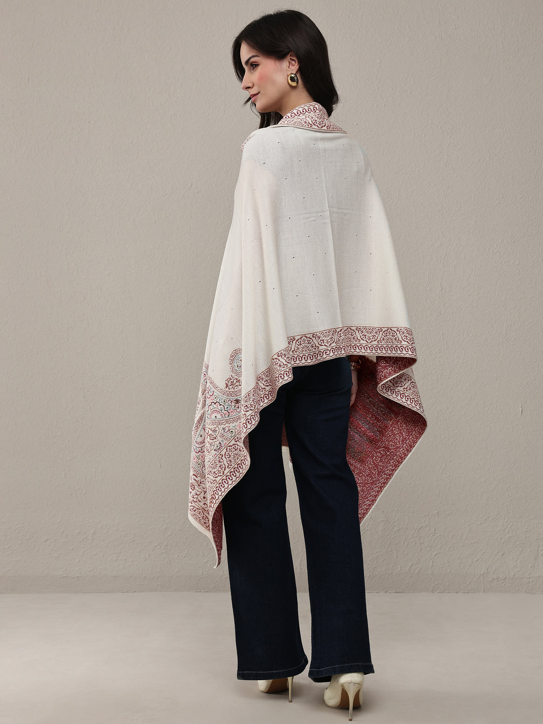  White Woven Design Wool Wrap Shawl 