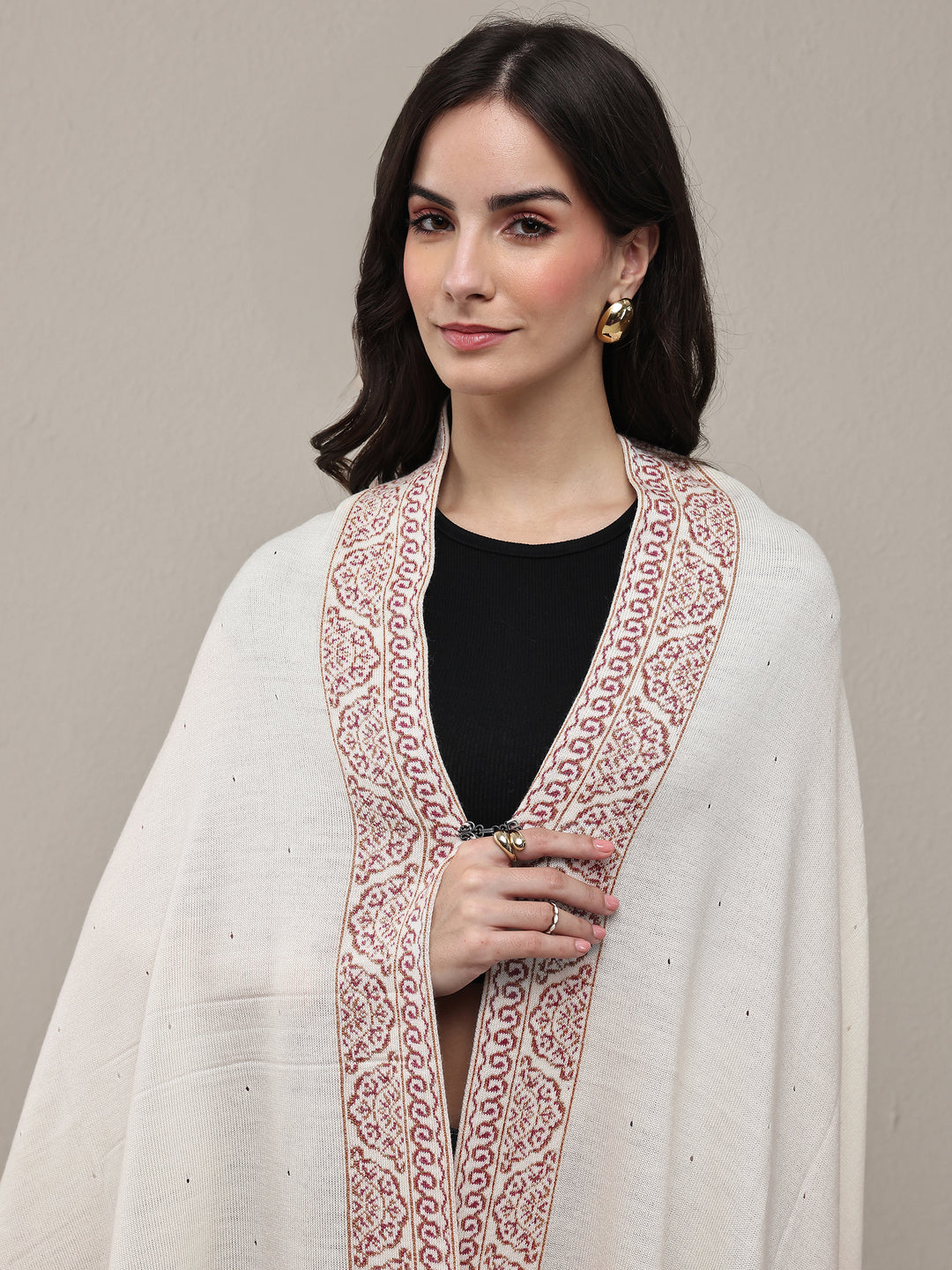  White Woven Design Wool Wrap Shawl 