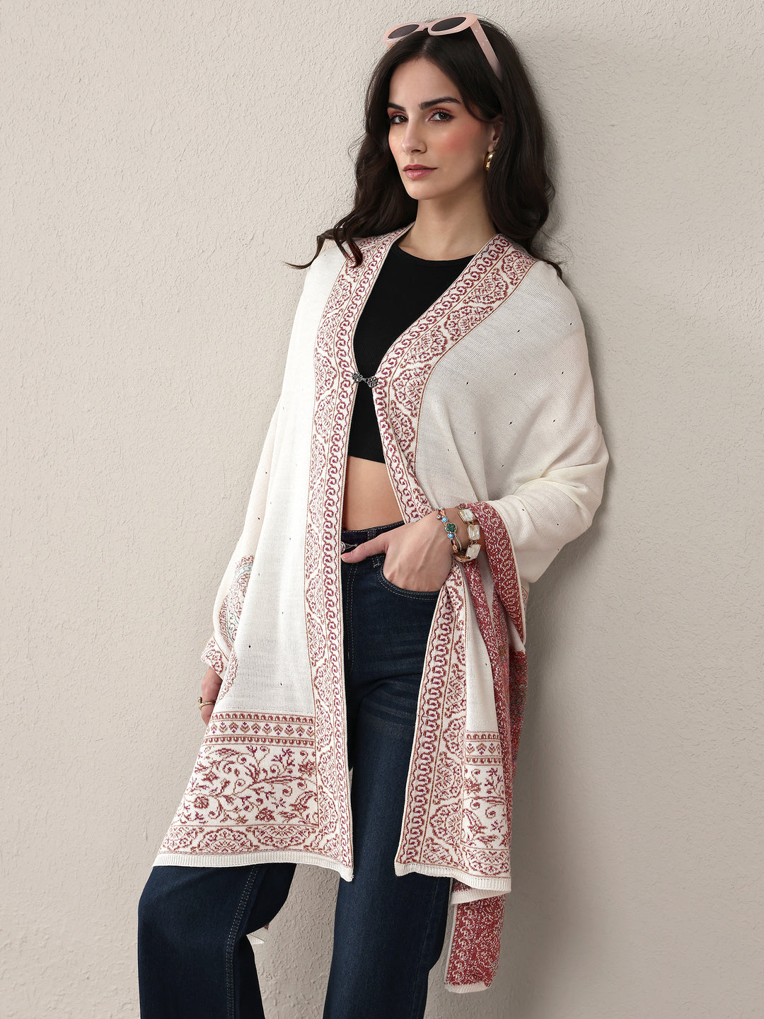 White Woven Design Wool Wrap Shawl