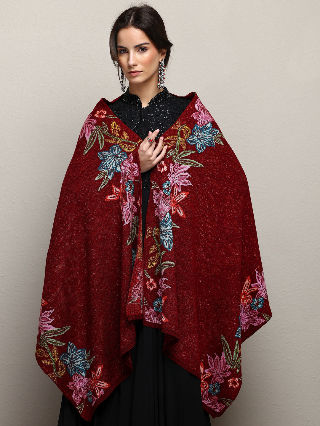  Maroon Woven Design Wool Wrap Shawl  