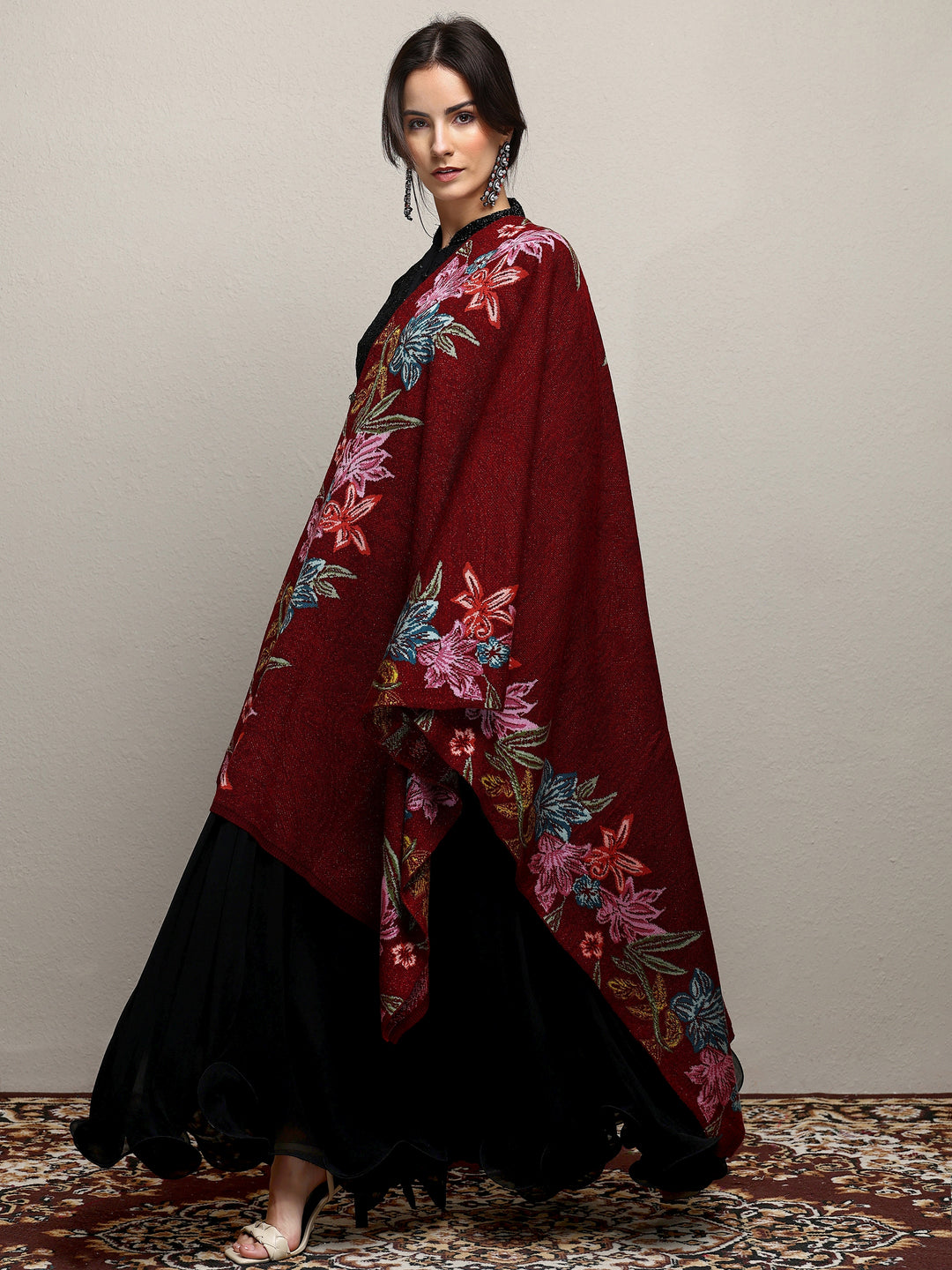  Maroon Woven Design Wool Wrap Shawl  