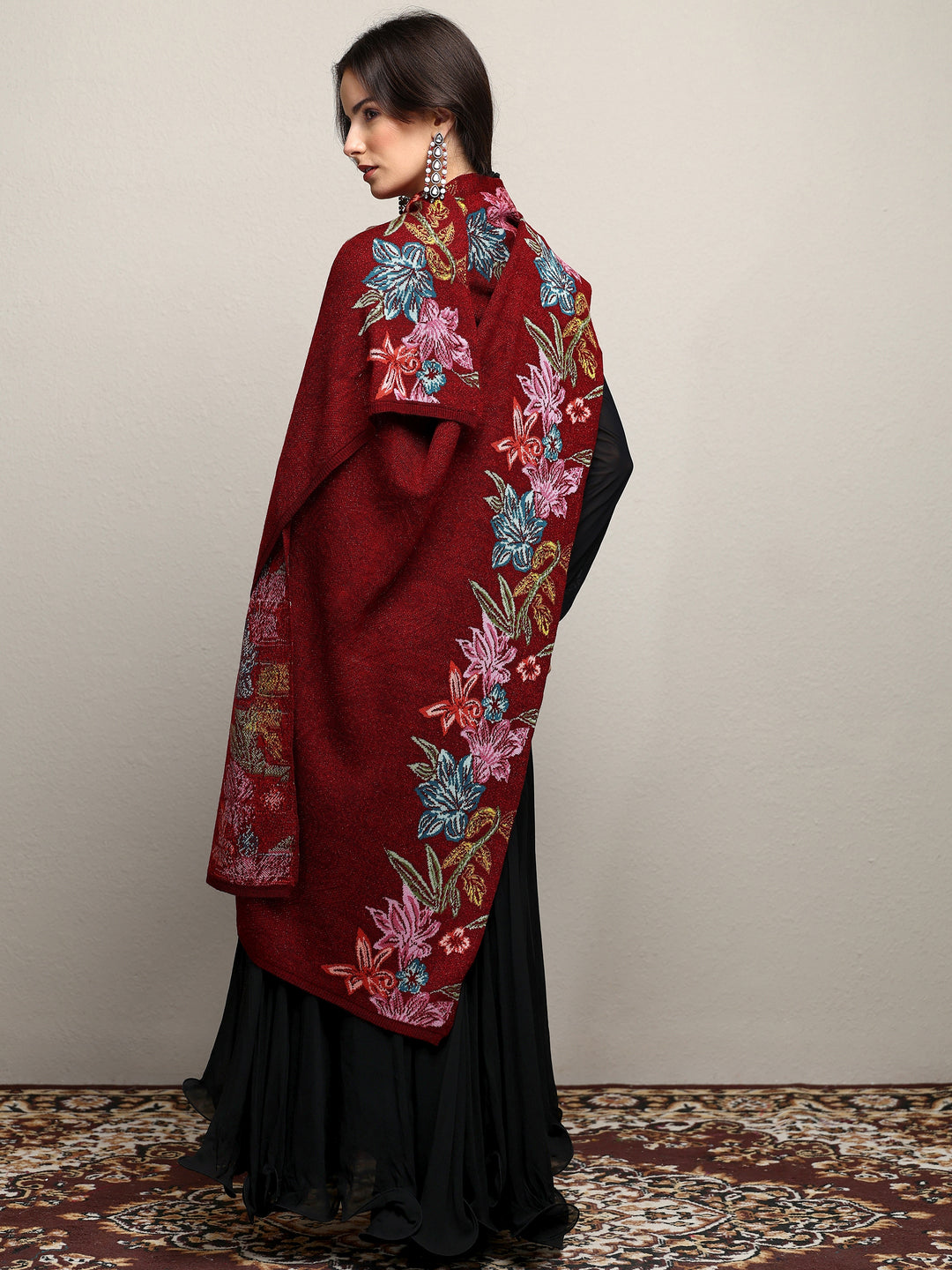  Maroon Woven Design Wool Wrap Shawl  