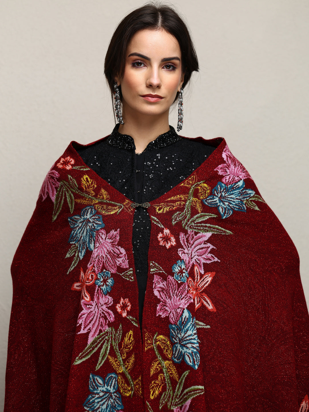  Maroon Woven Design Wool Wrap Shawl  