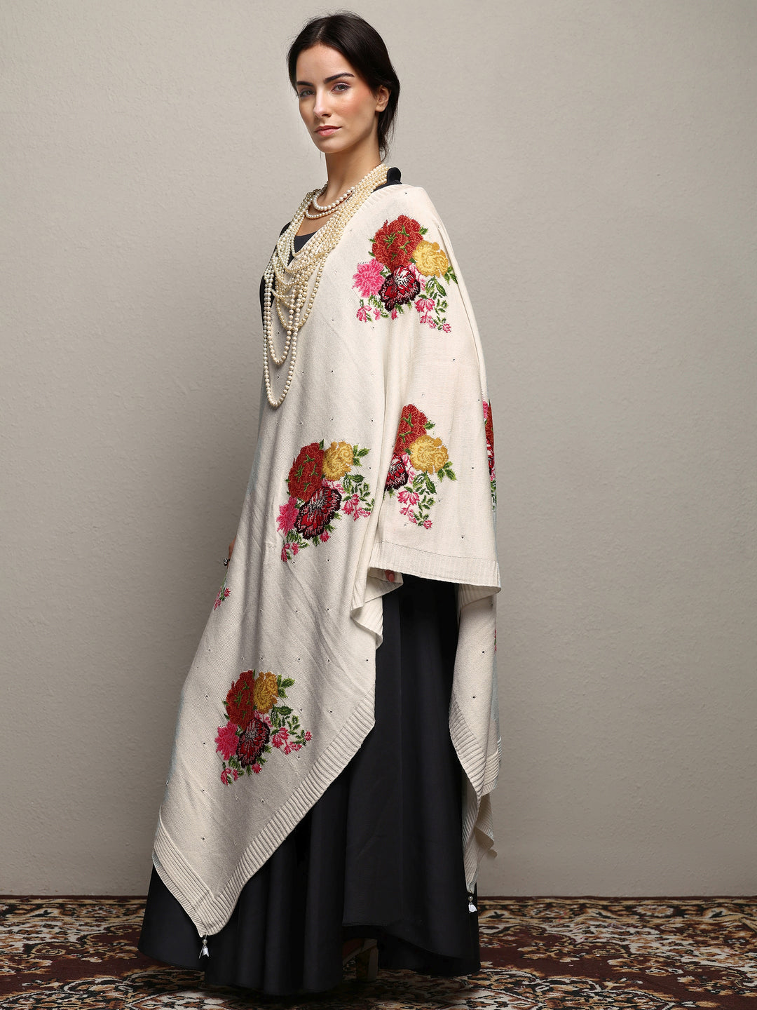  White Woven Design Wool Wrap Shawl  