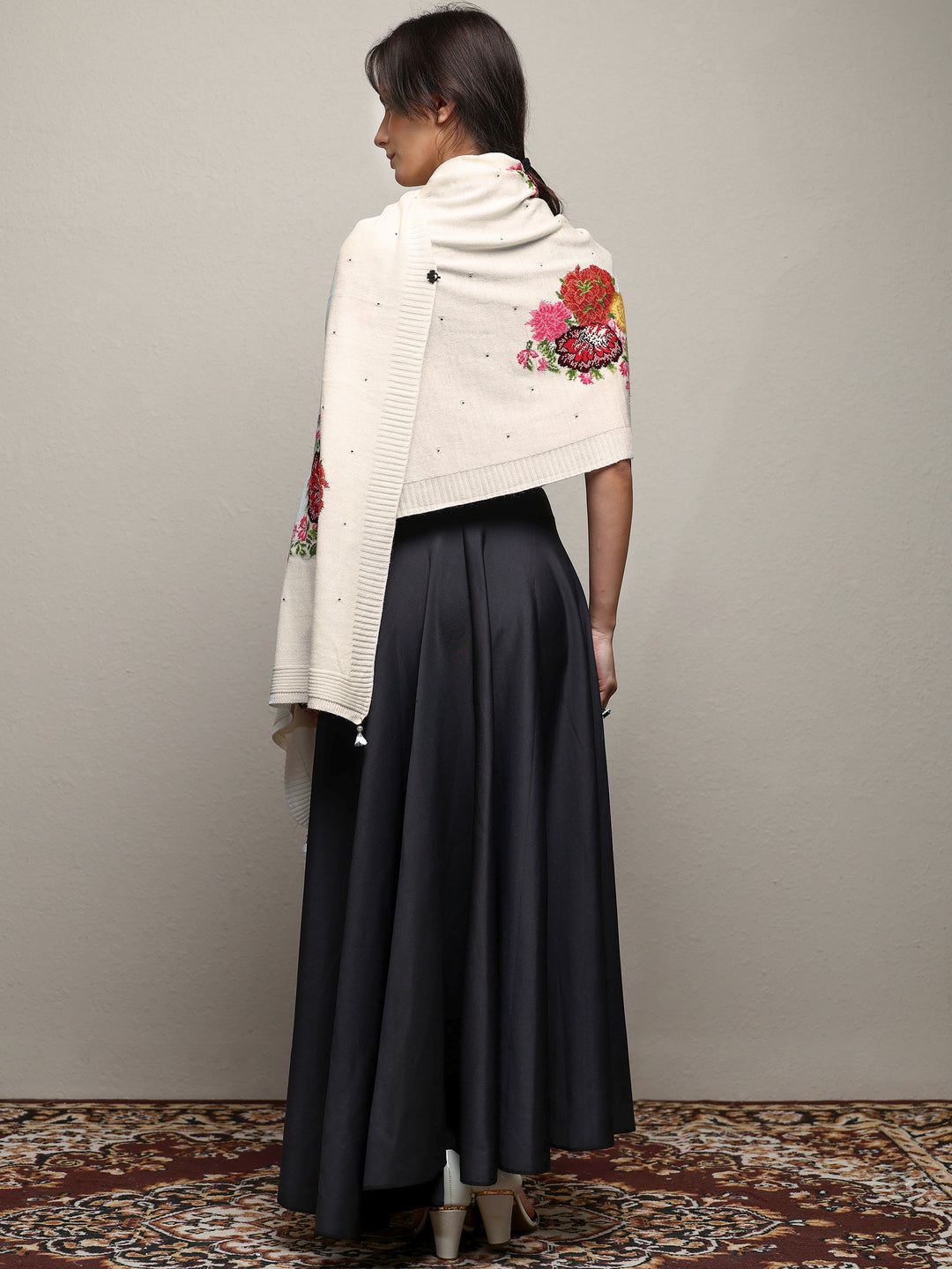  White Woven Design Wool Wrap Shawl  