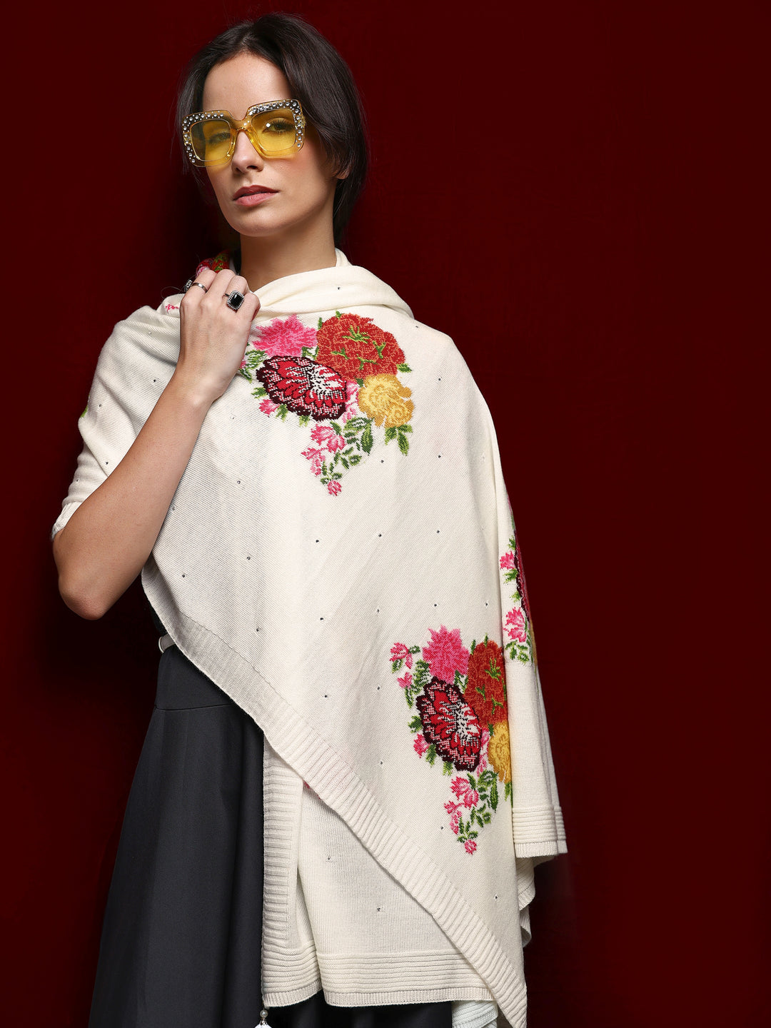  White Woven Design Wool Wrap Shawl  