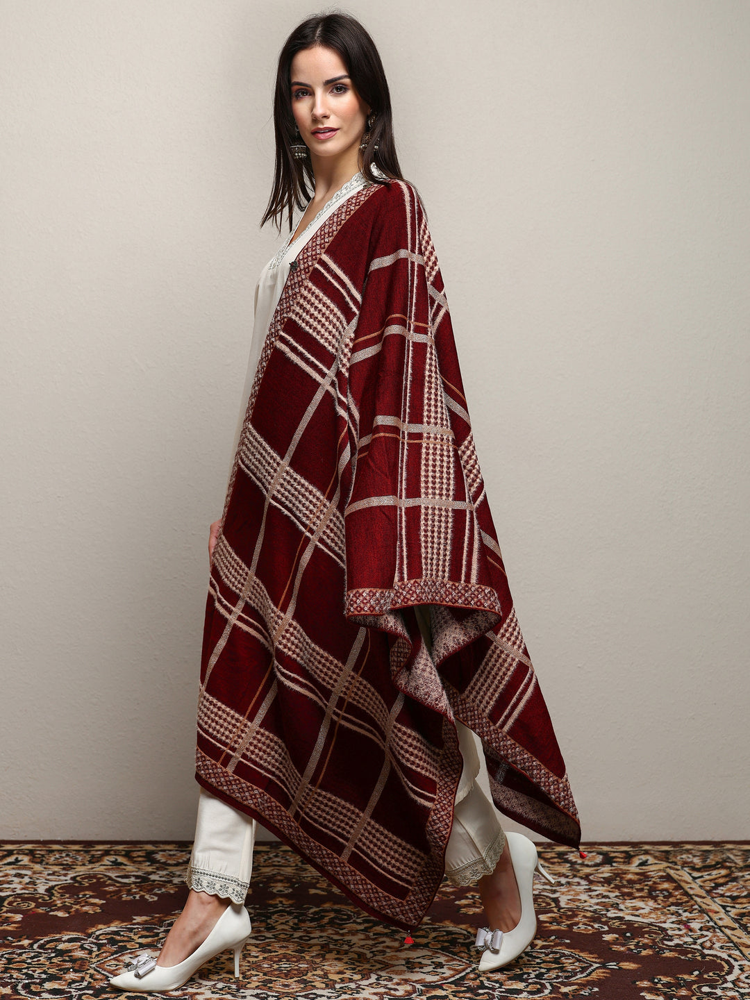  Maroon Woven Design Wool Women'S Shawl 