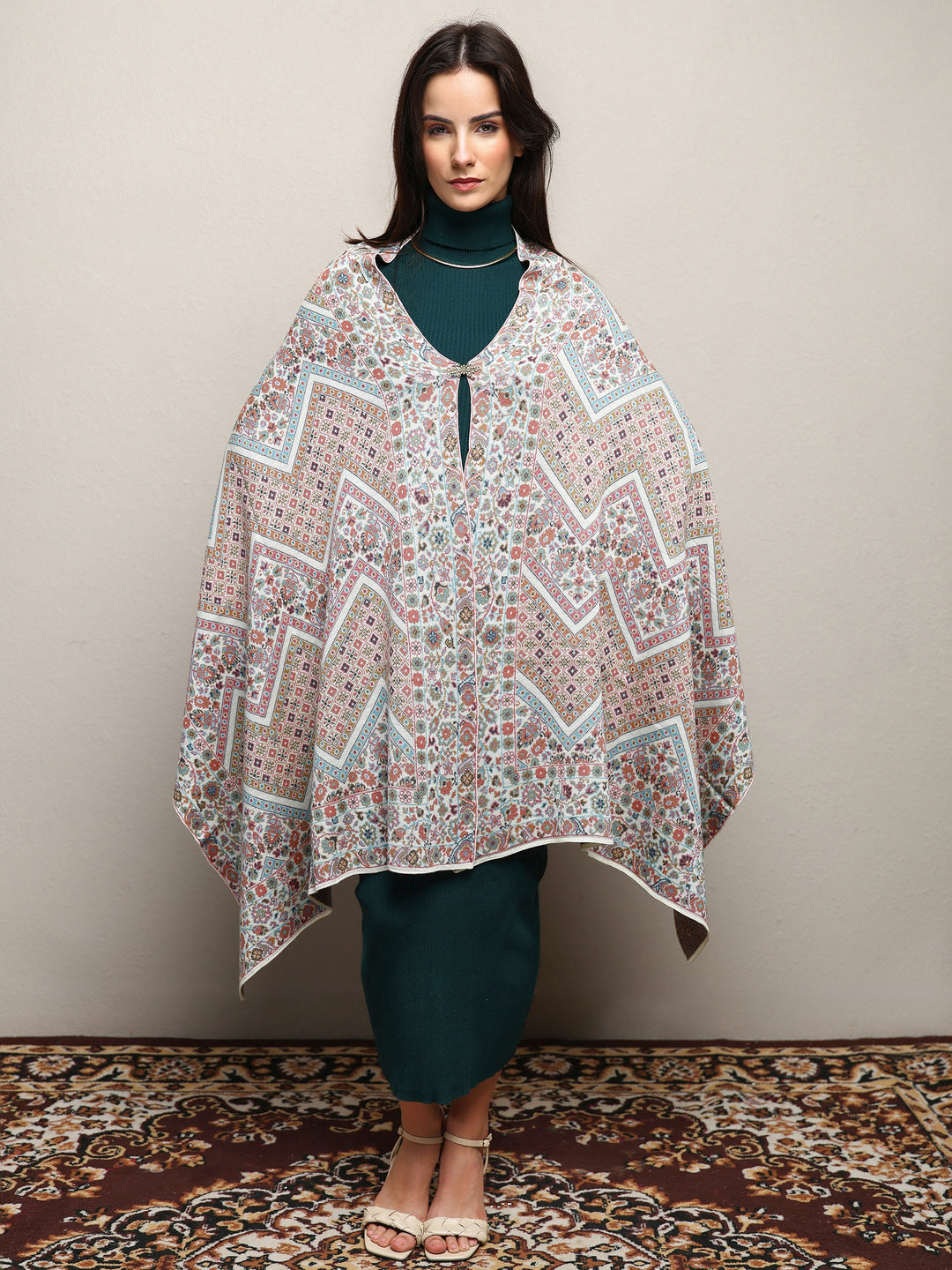  White Woven Design Wool Wrap Shawl  