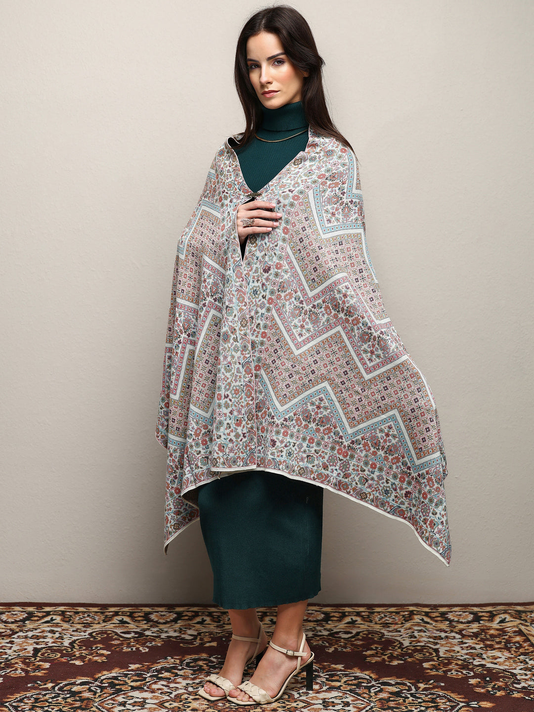  White Woven Design Wool Wrap Shawl  