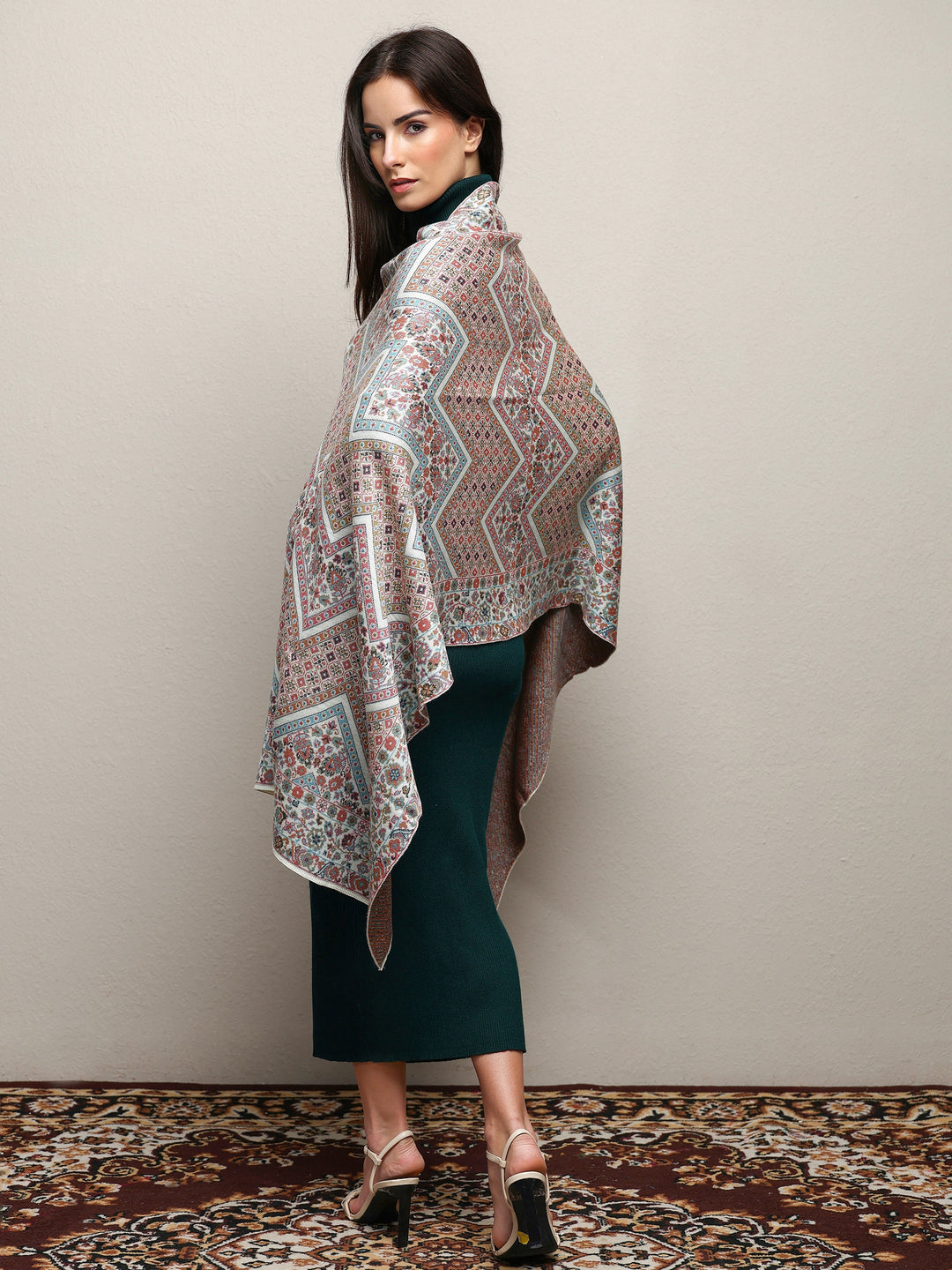 White Woven Design Wool Wrap Shawl  