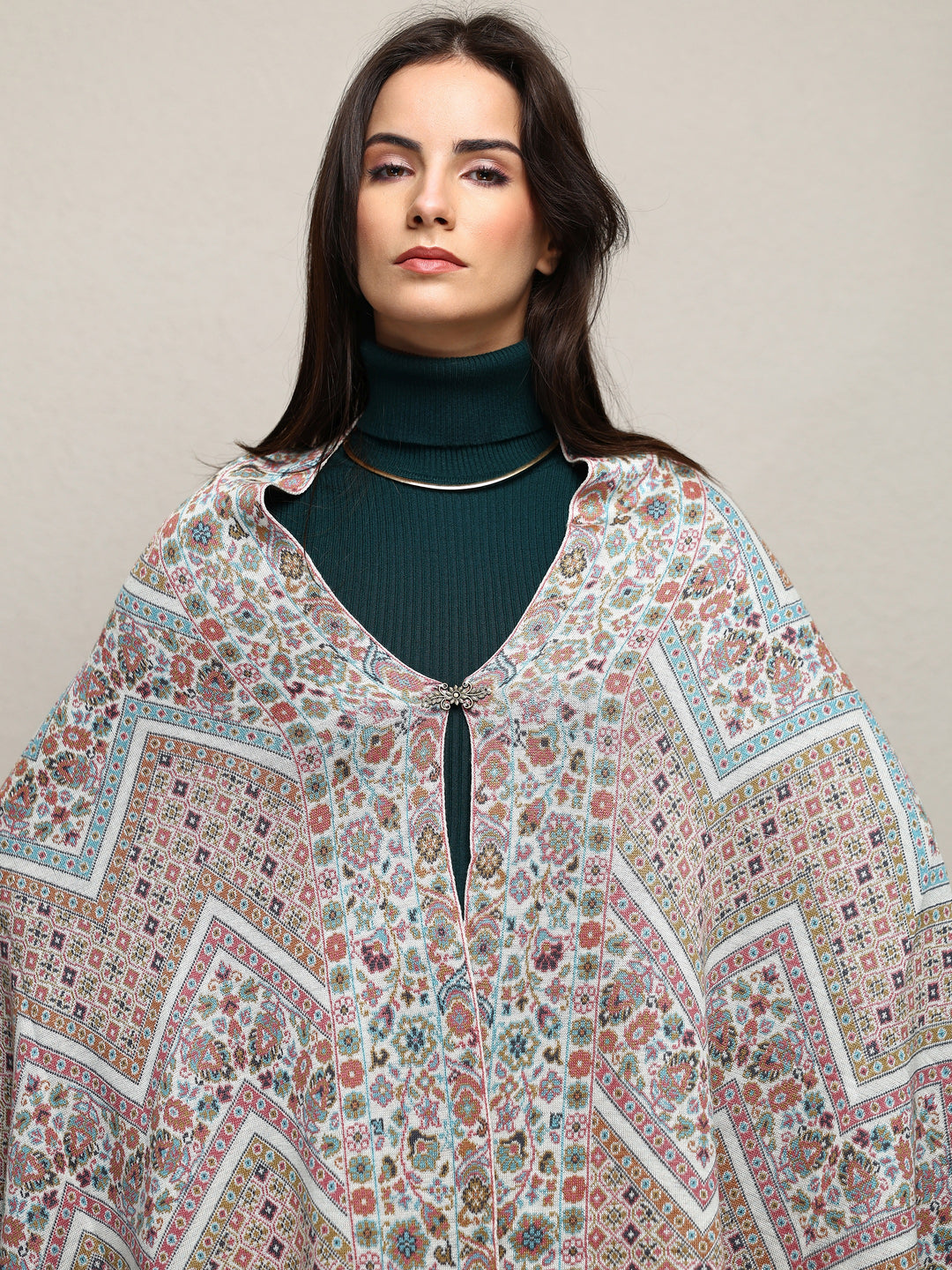  White Woven Design Wool Wrap Shawl  