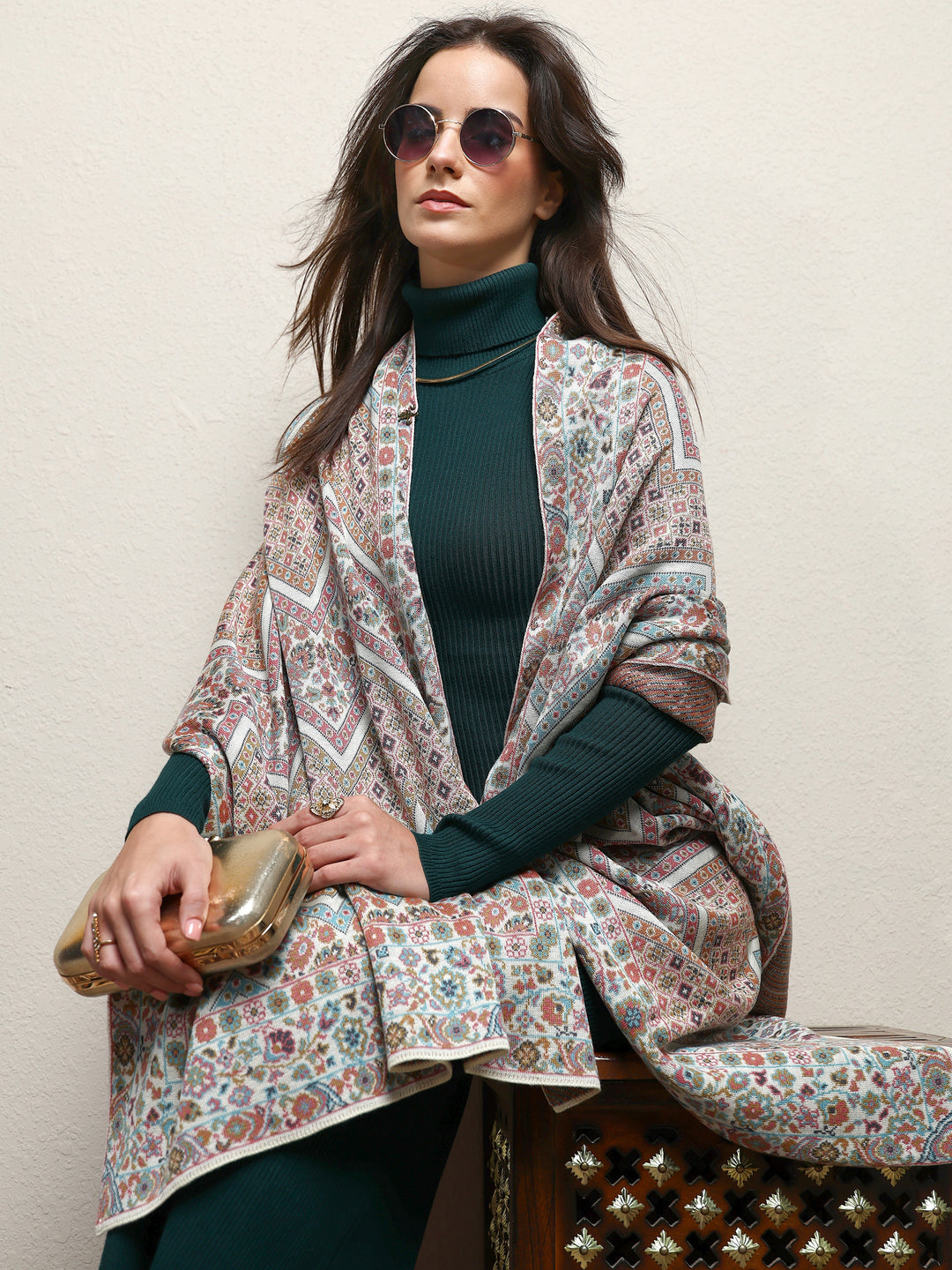  White Woven Design Wool Wrap Shawl  