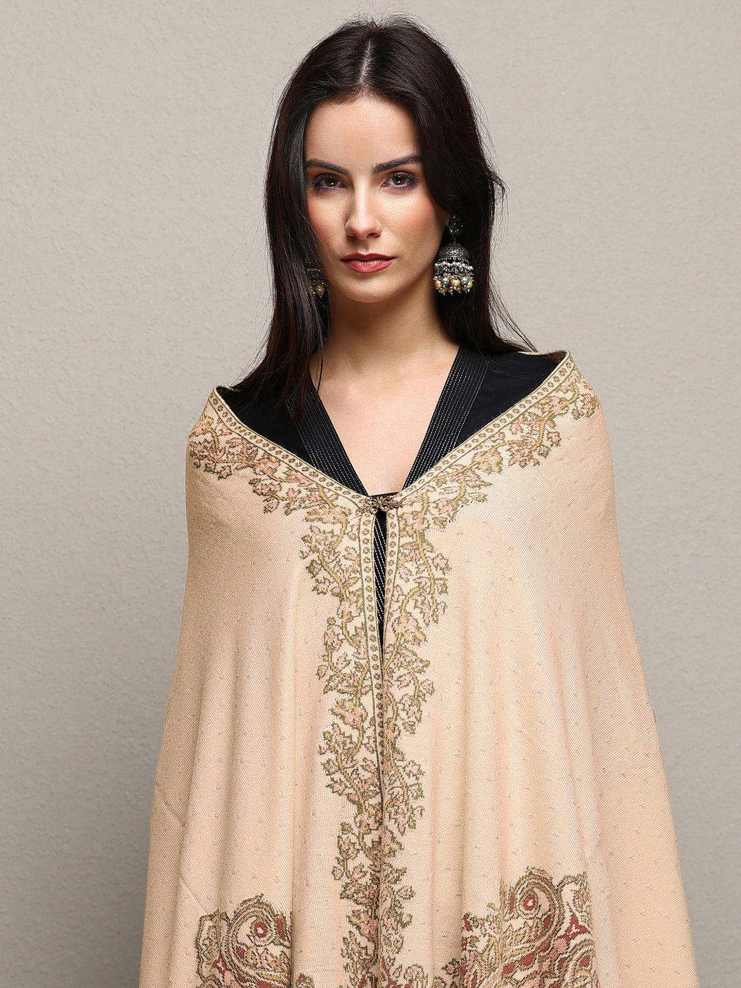  Cream Woven Design Wool Wrap Shawl  