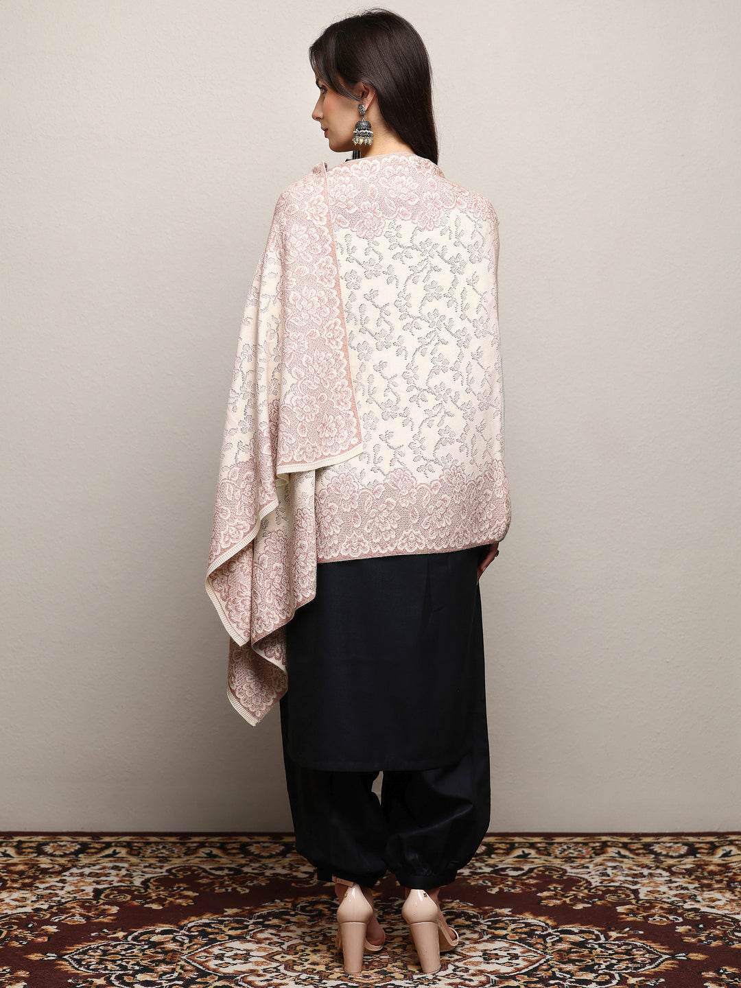  Off White Woven Design Wool Wrap Shawl  