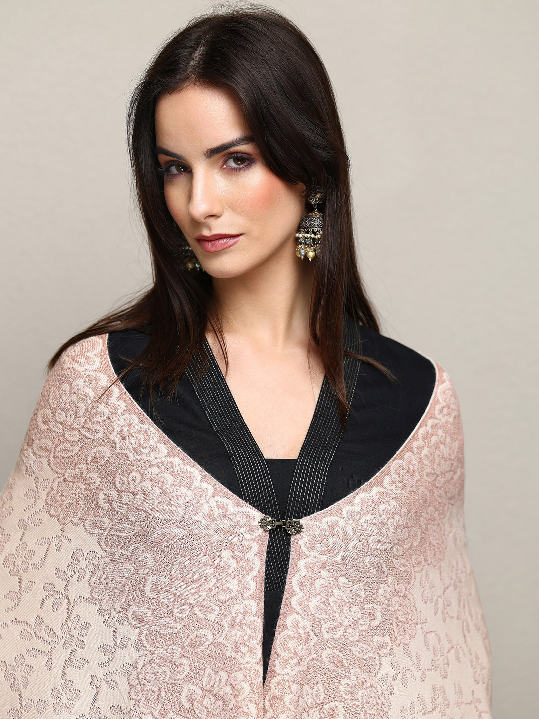  Off White Woven Design Wool Wrap Shawl  