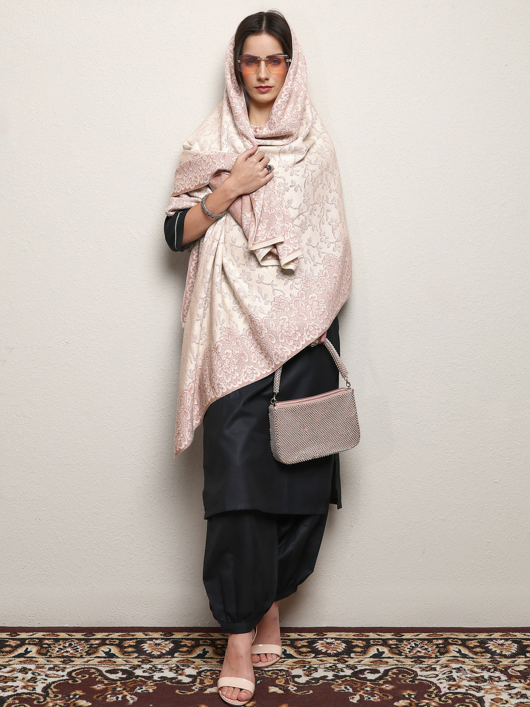 Off White Woven Design Wool Wrap Shawl  