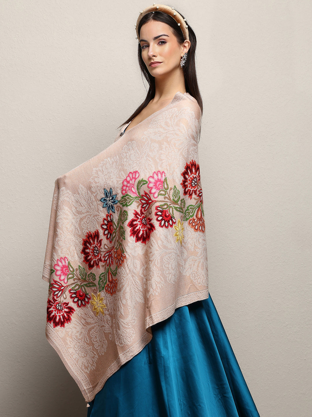  Beige Woven Design Wool Wrap Shawl  