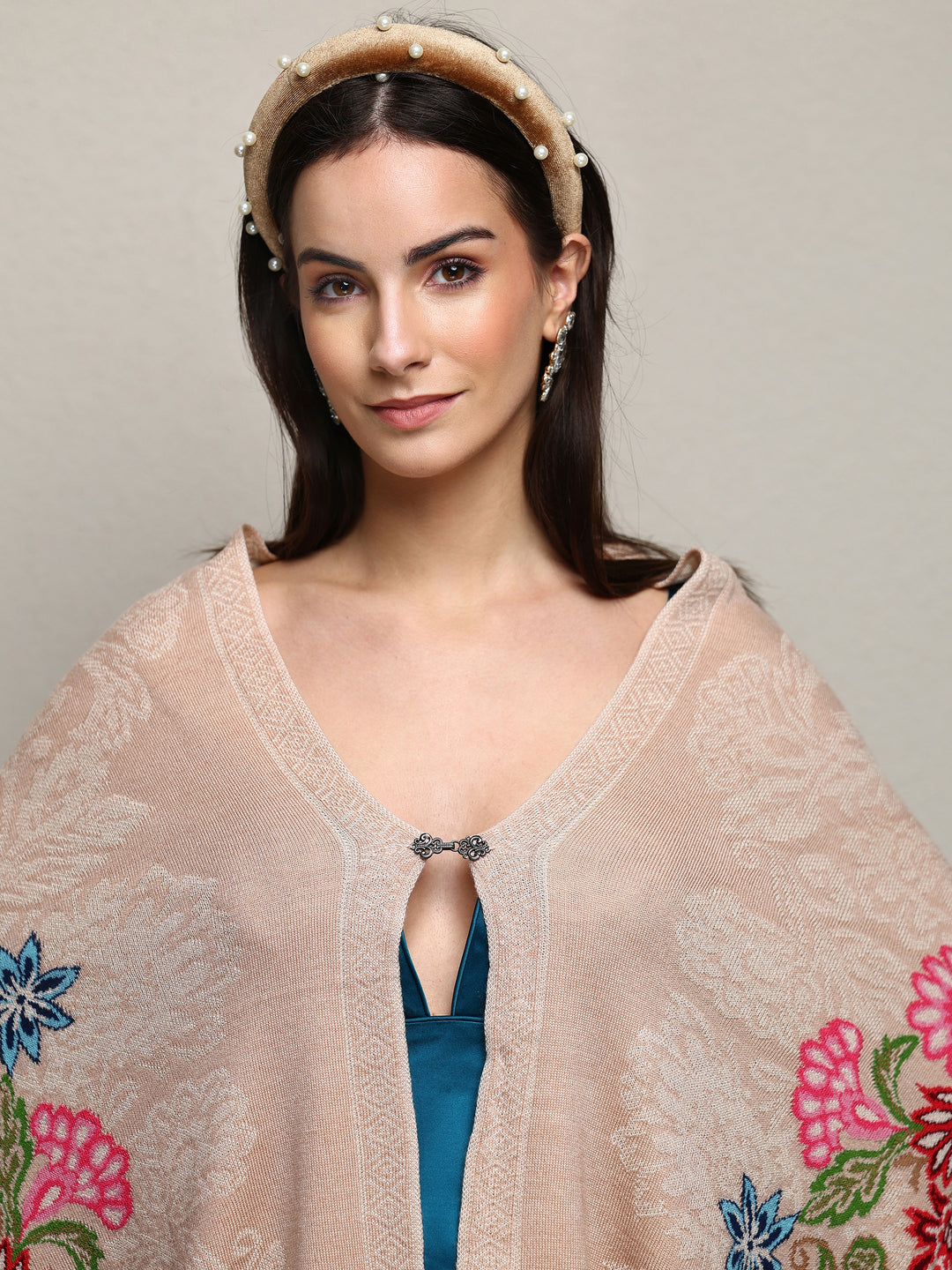  Beige Woven Design Wool Wrap Shawl  