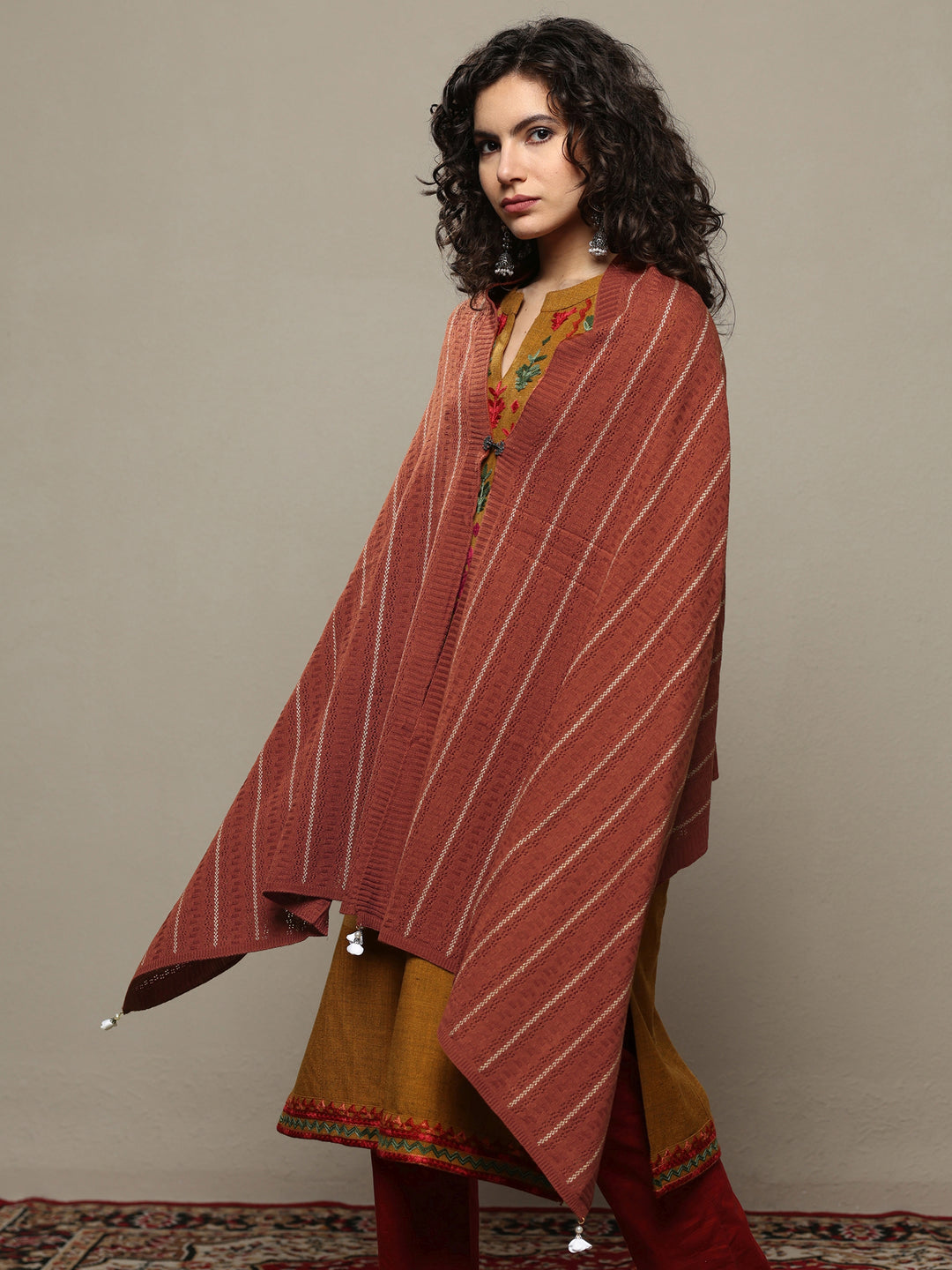  Rust Woven Design Wool Women's Shawl 
