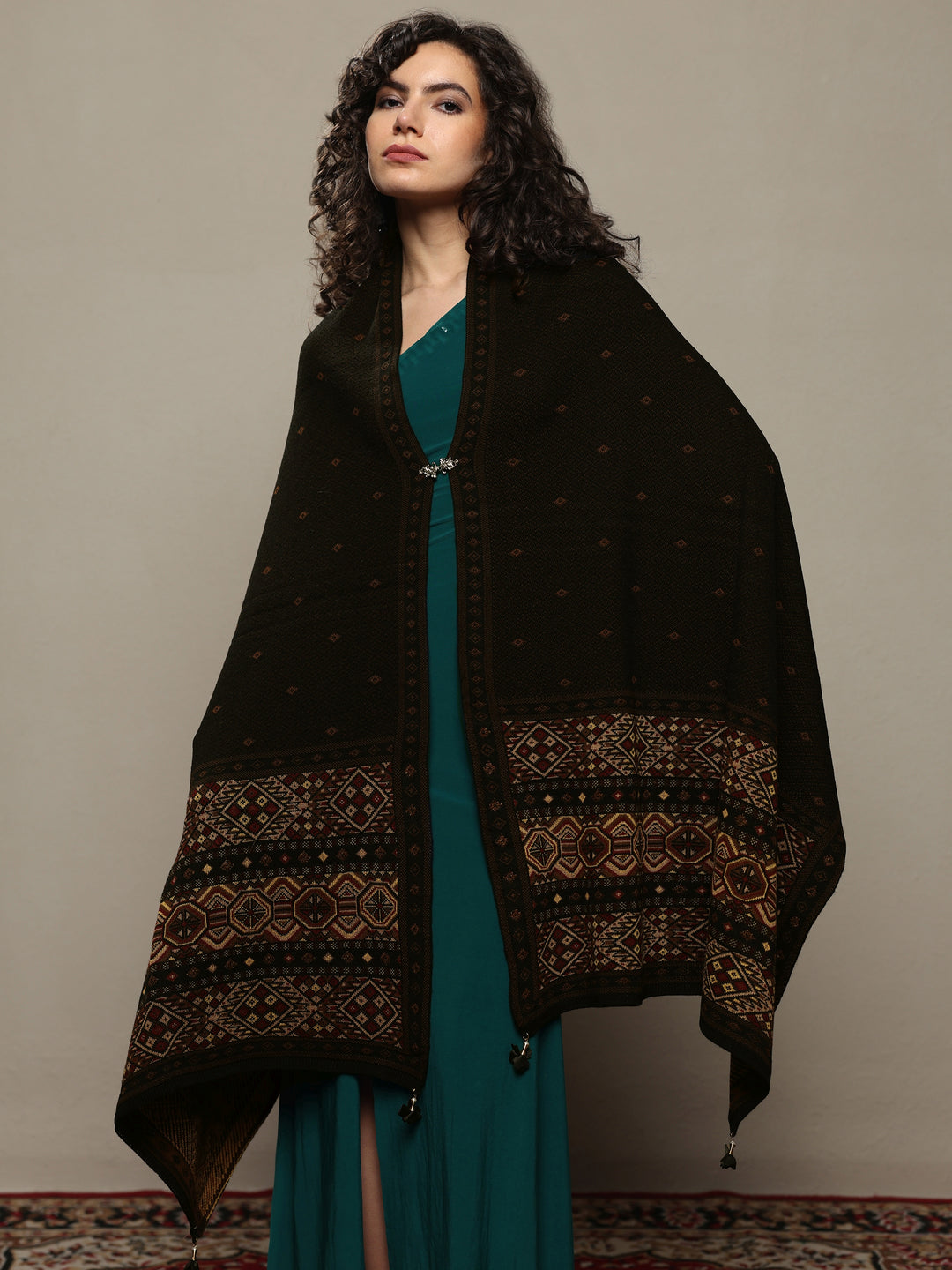  Black Woven Design Wool Women's Shawl 